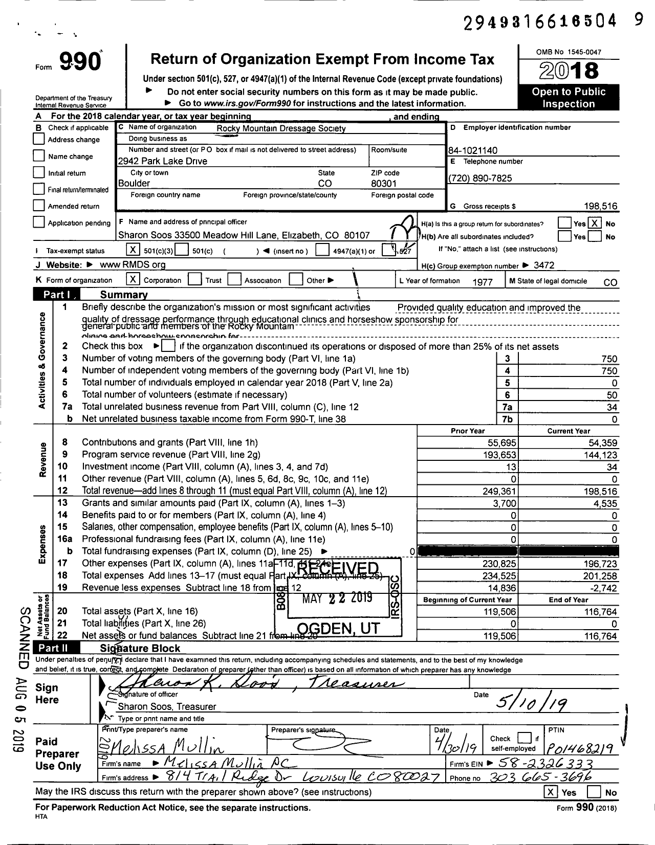 Image of first page of 2018 Form 990 for Rocky Mountain Dressage Society / New Mexico Chapter of Rocky Mountai