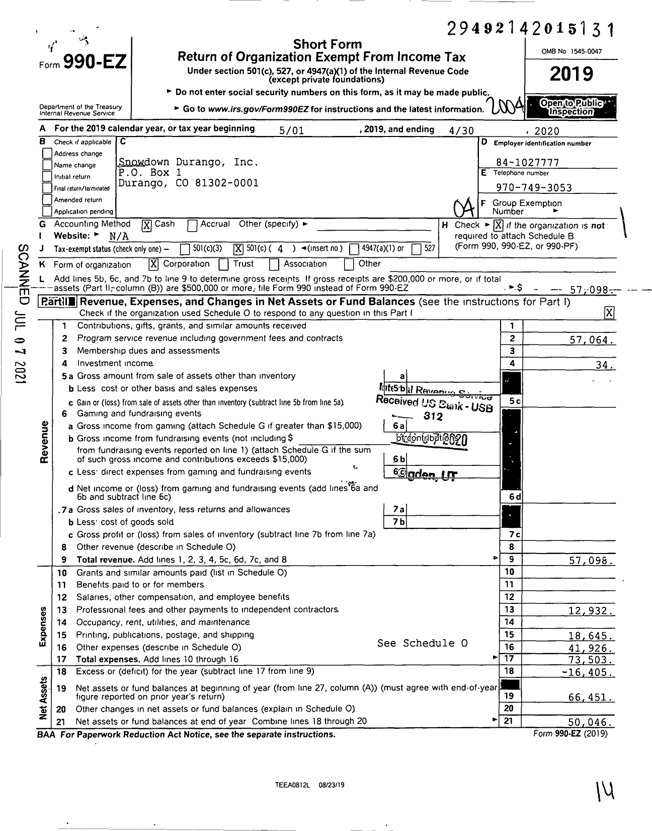 Image of first page of 2019 Form 990EO for Snowdown Durango