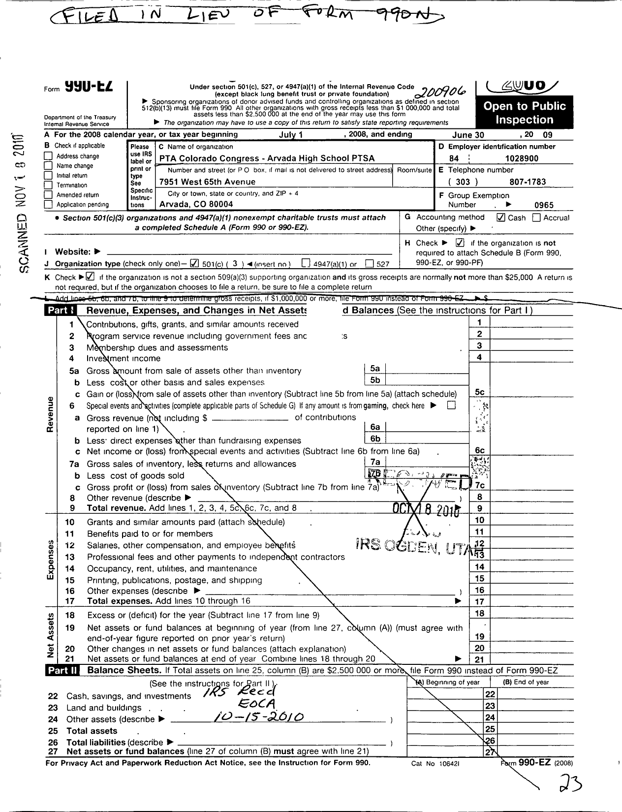 Image of first page of 2008 Form 990EZ for PTA Colorado Congress / Arvada High School Ptsa