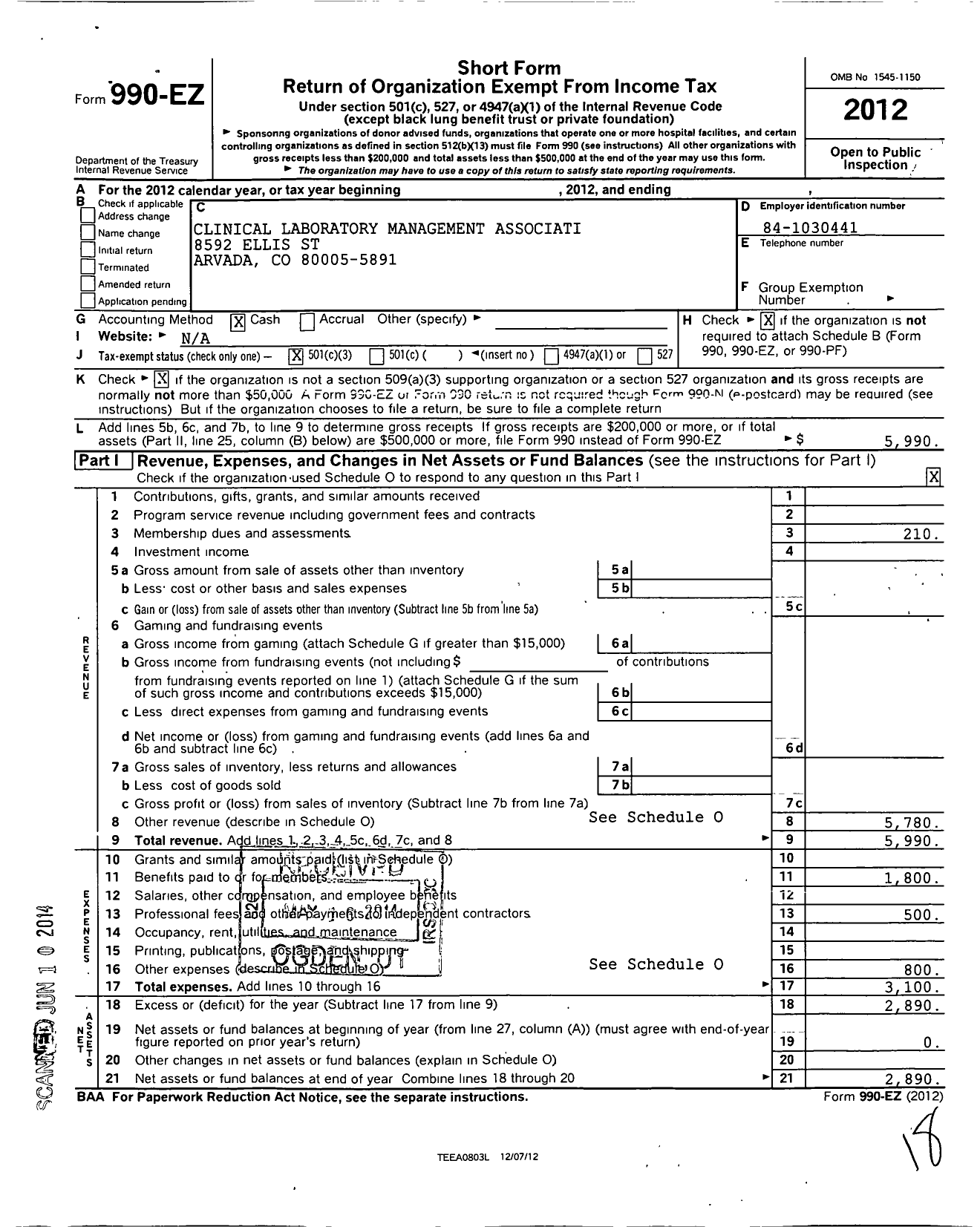 Image of first page of 2012 Form 990EZ for Clinical Laboratory Management Association / Centennial