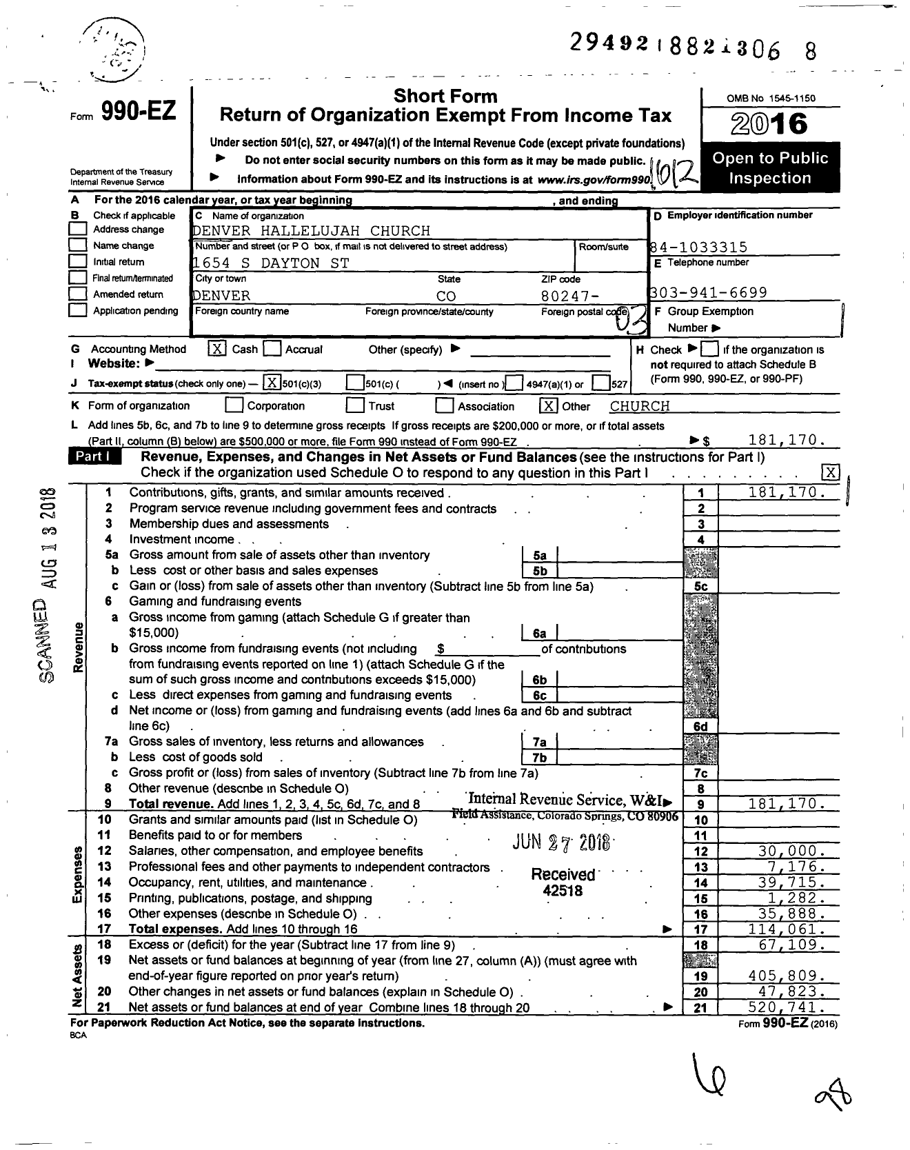 Image of first page of 2016 Form 990EZ for Denver Hallelujah Church