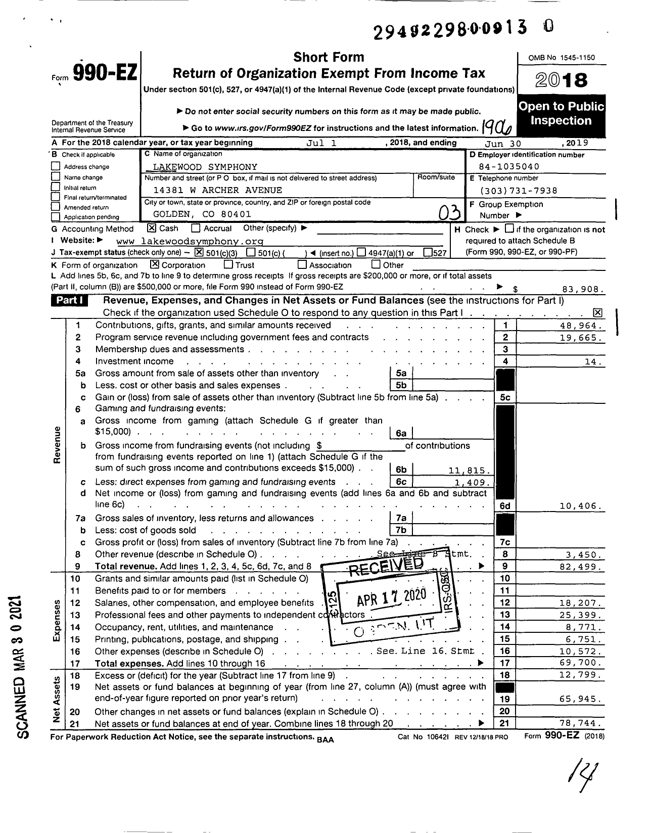 Image of first page of 2018 Form 990EZ for Lakewood Symphony