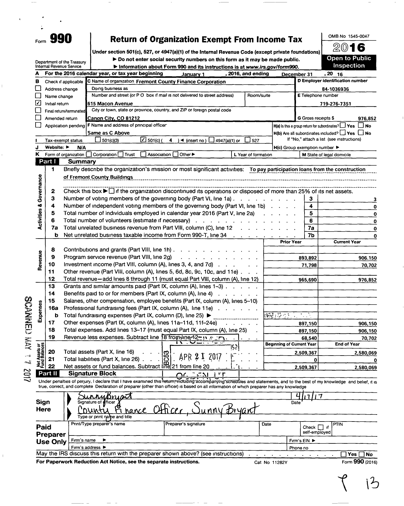 Image of first page of 2016 Form 990O for Fremont County Finance Corporation
