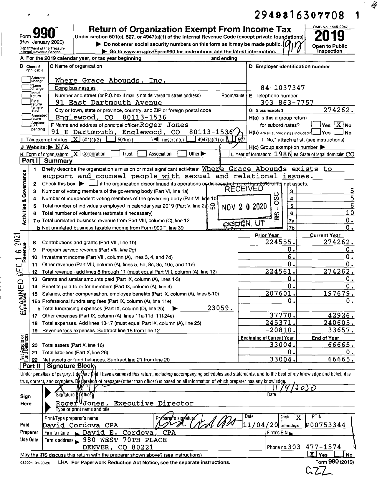 Image of first page of 2019 Form 990 for Where Grace Abounds