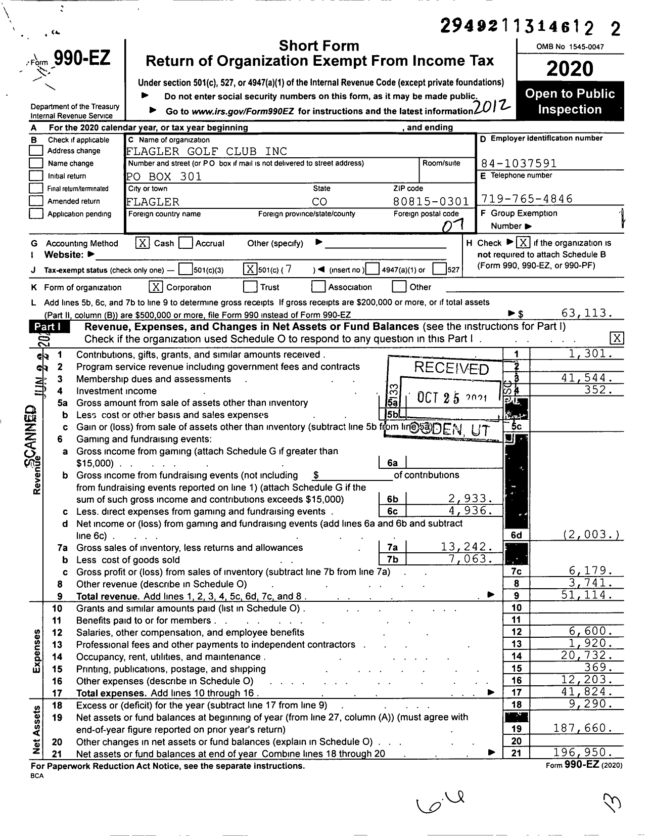 Image of first page of 2020 Form 990EO for Flagler Golf Club