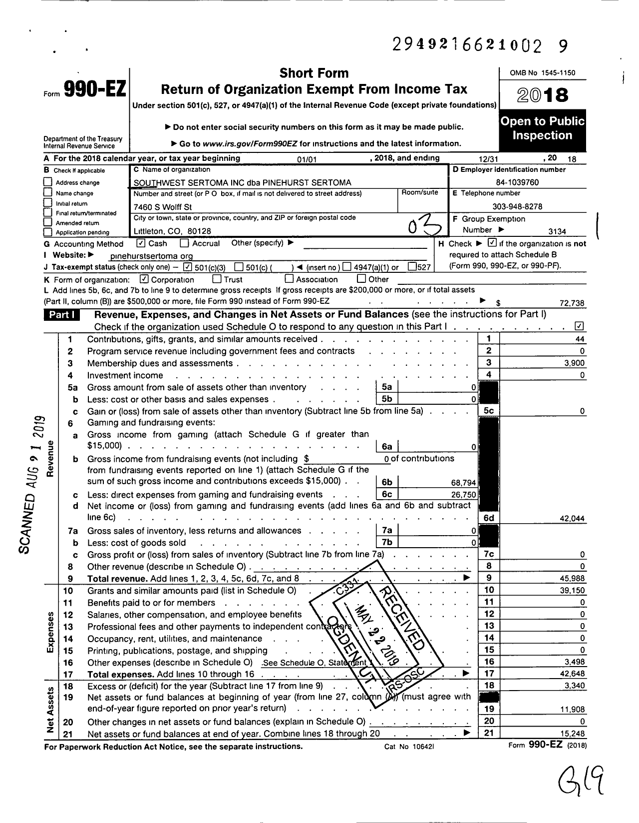 Image of first page of 2018 Form 990EZ for Southwest Sertoma Club