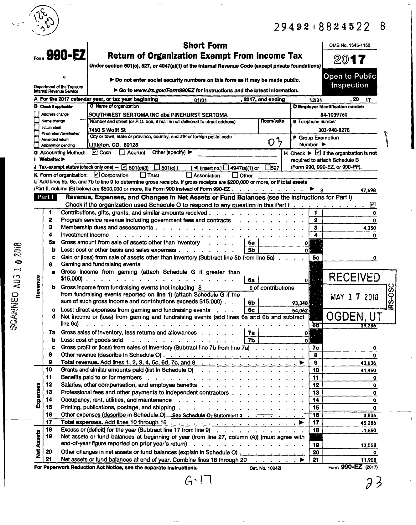 Image of first page of 2017 Form 990EZ for Southwest Sertoma Club