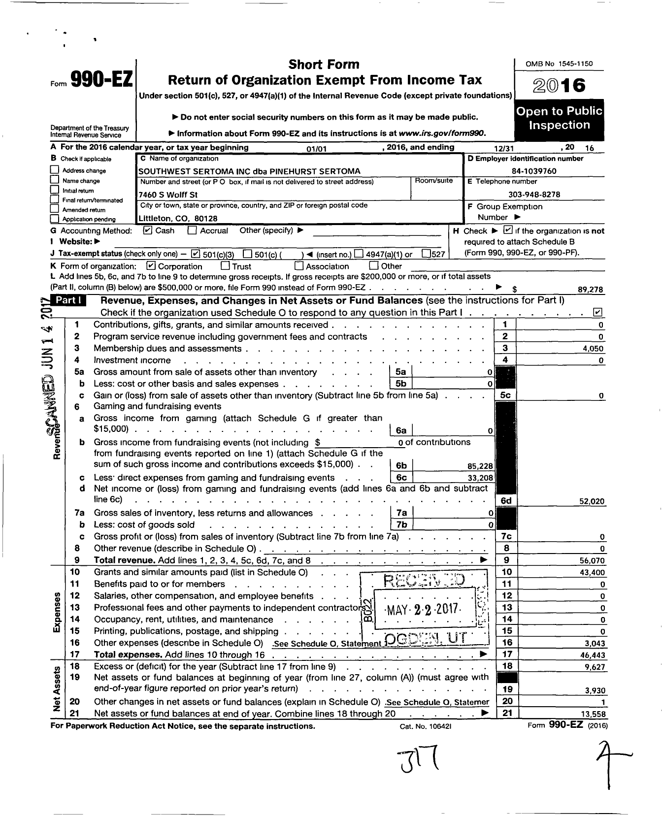 Image of first page of 2016 Form 990EZ for Southwest Sertoma Club