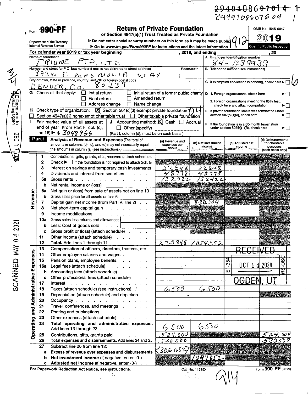 Image of first page of 2019 Form 990PF for Triune Foundation