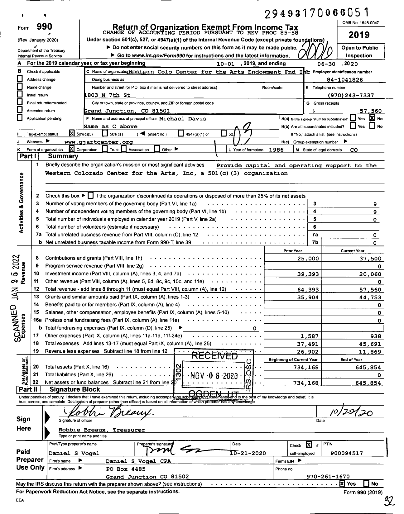 Image of first page of 2019 Form 990 for Western Colorado Center for the Arts Endowment Fnd