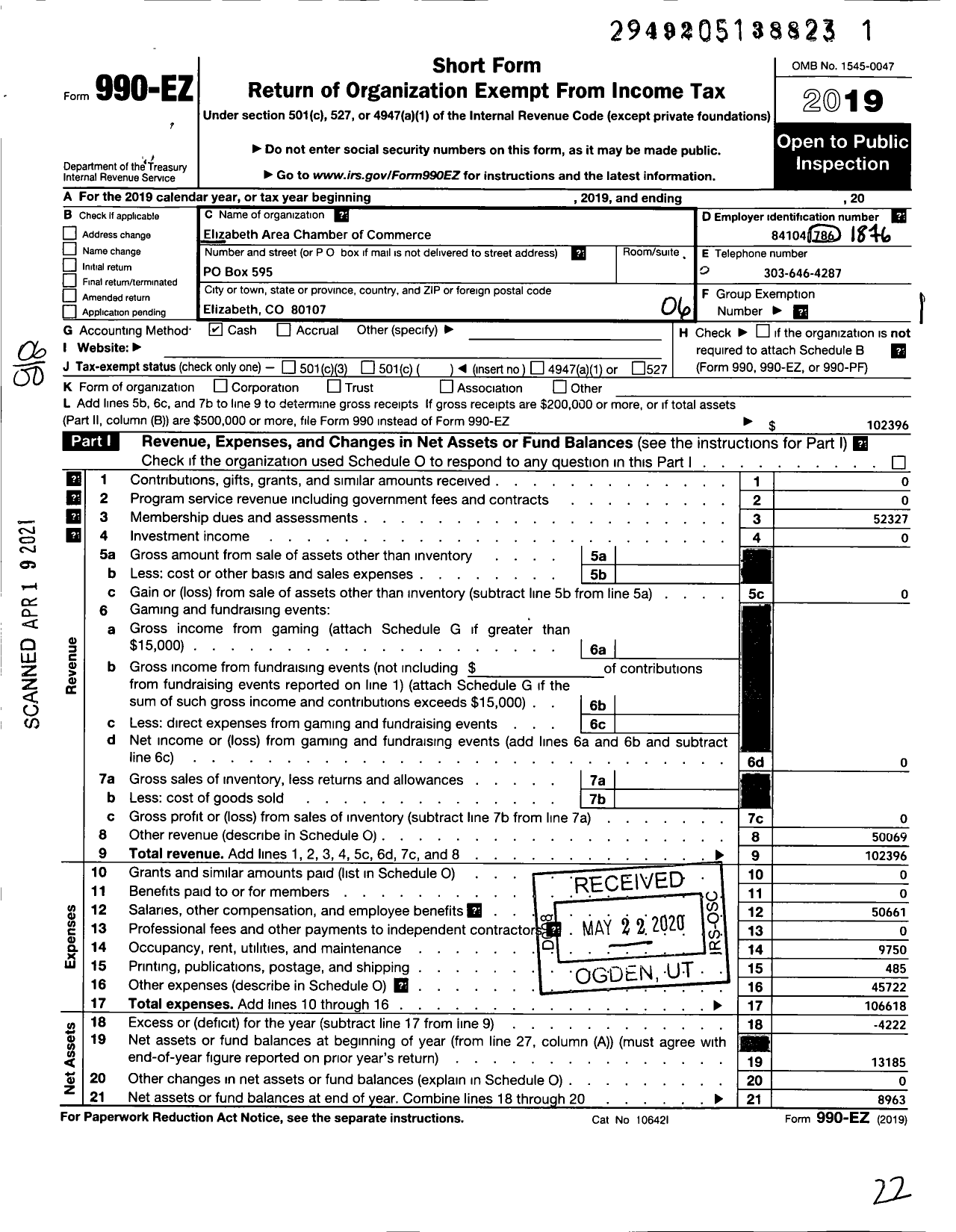 Image of first page of 2019 Form 990EO for Elizabeth Area Chamber of Commerce