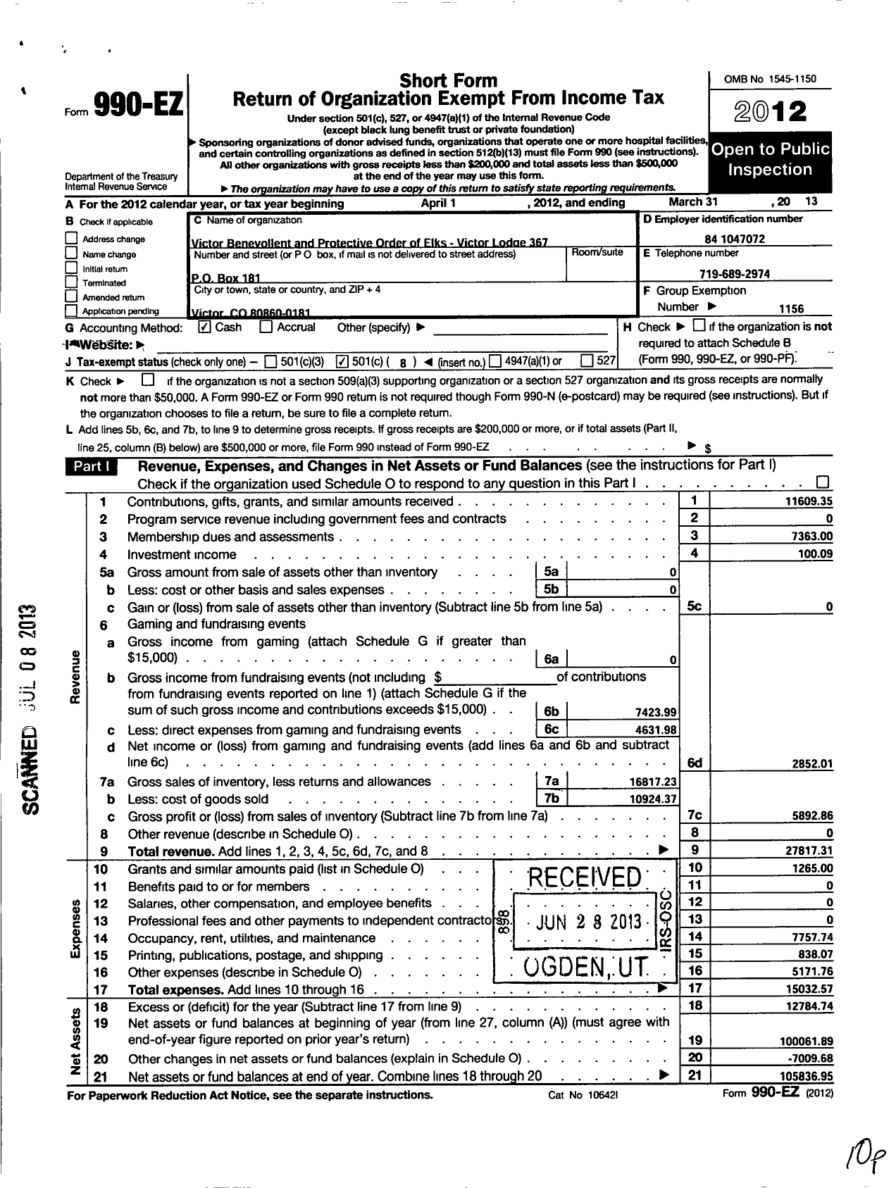 Image of first page of 2012 Form 990EO for Benevolent and Protective Order of Elks - 367 Victor
