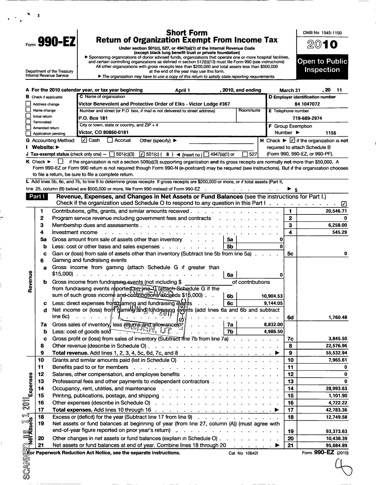 Image of first page of 2010 Form 990EO for Benevolent and Protective Order of Elks - 367 Victor