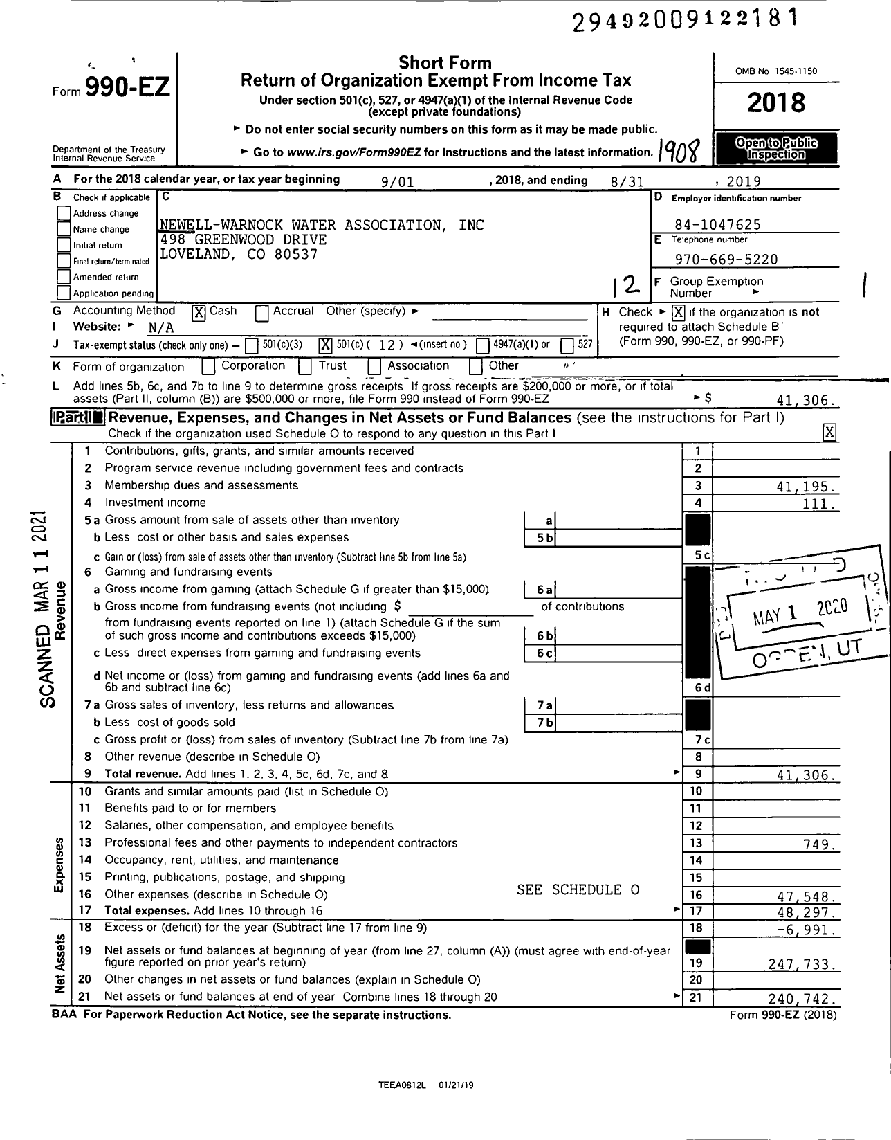 Image of first page of 2018 Form 990EO for Newell-Warnock Water Association