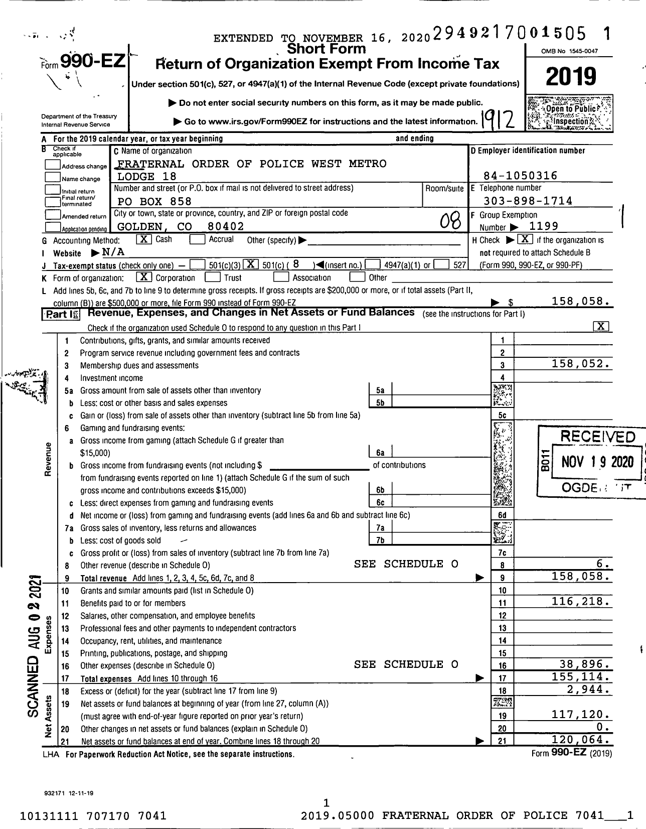 Image of first page of 2019 Form 990EO for Fraternal Order Of Police - 18 West Metro Lodge