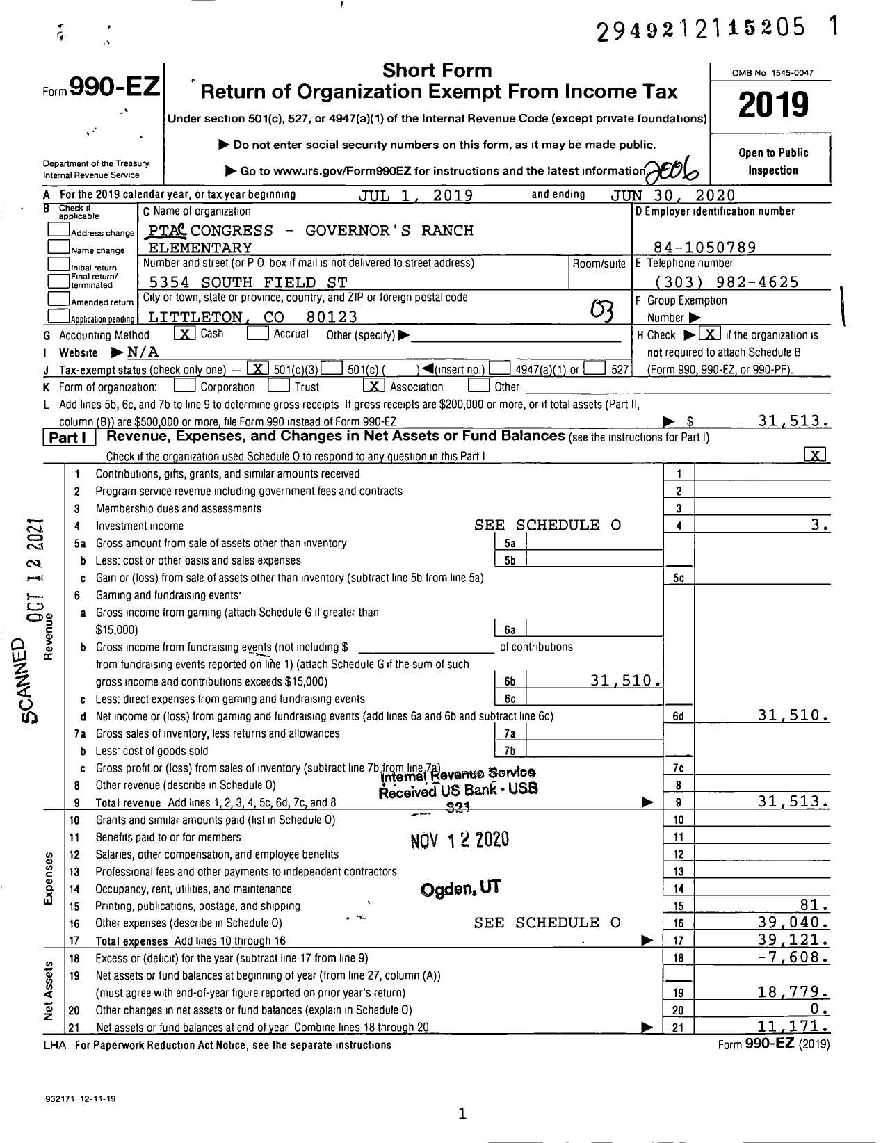 Image of first page of 2019 Form 990EZ for PTA COLORADO CONGRESS / Governors Ranch Elementary PTA