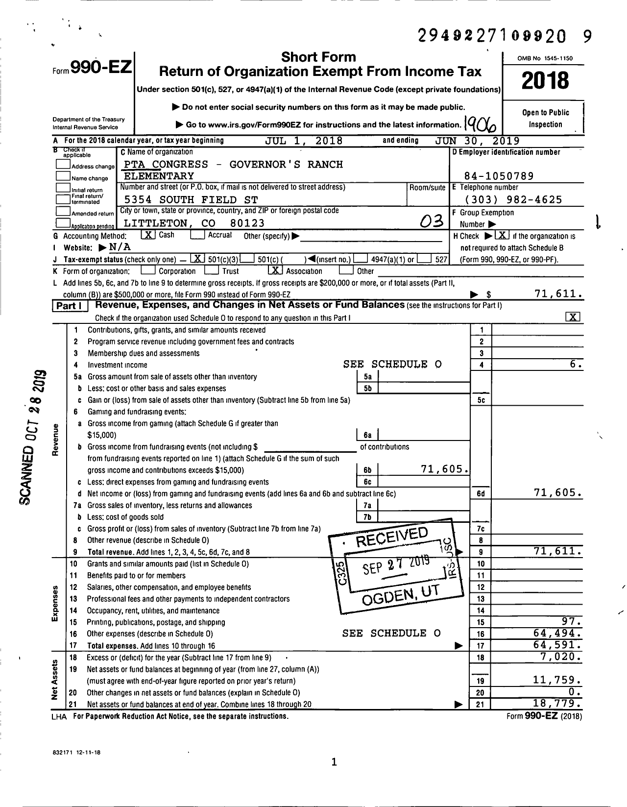 Image of first page of 2018 Form 990EZ for PTA COLORADO CONGRESS / Governors Ranch Elementary PTA