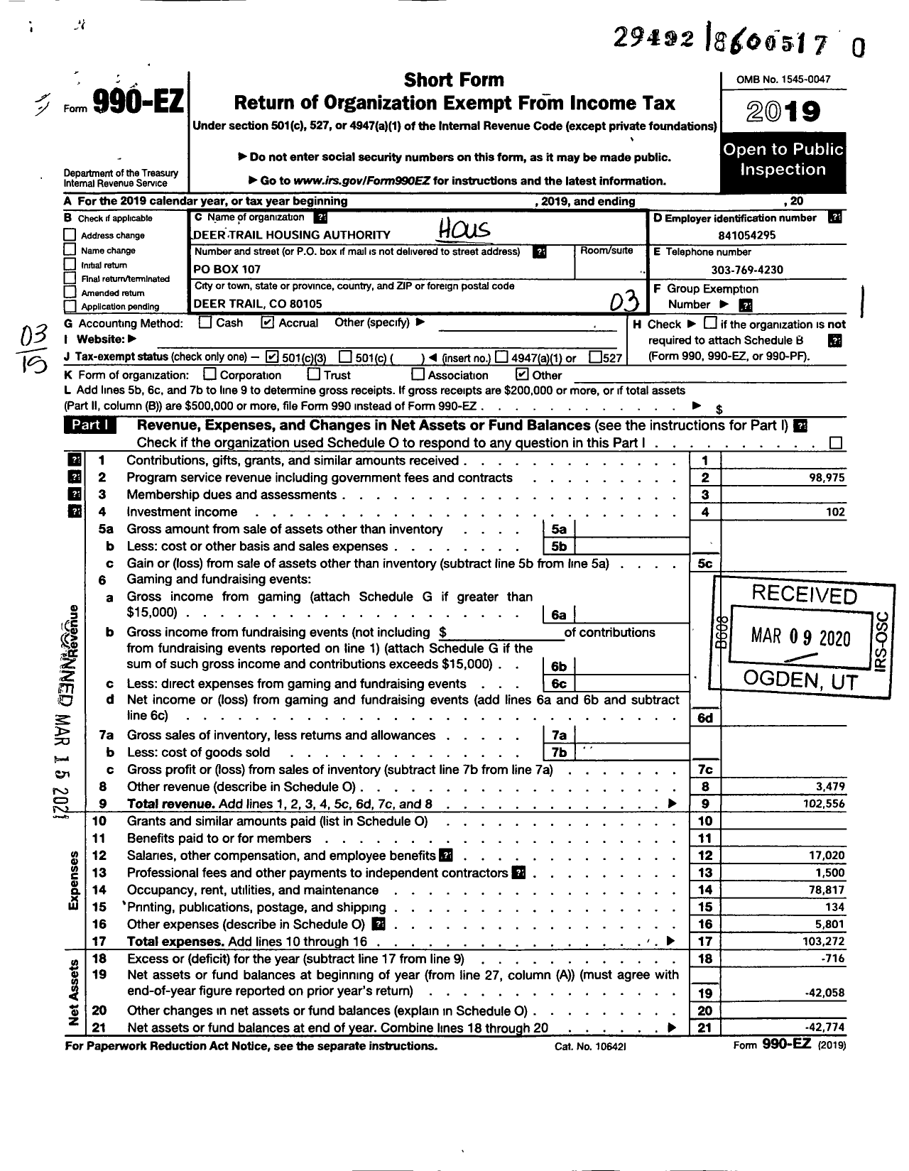 Image of first page of 2019 Form 990EZ for Housing Authority of the Town of Deer Trail Colorado