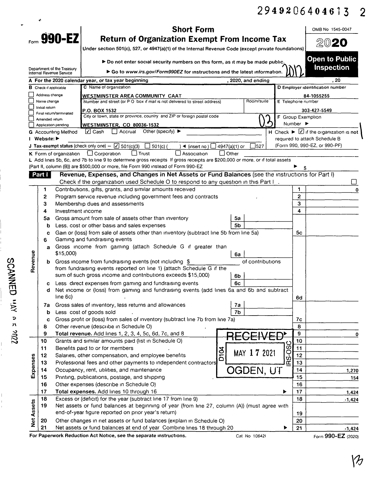 Image of first page of 2020 Form 990EZ for Westminster Area Community