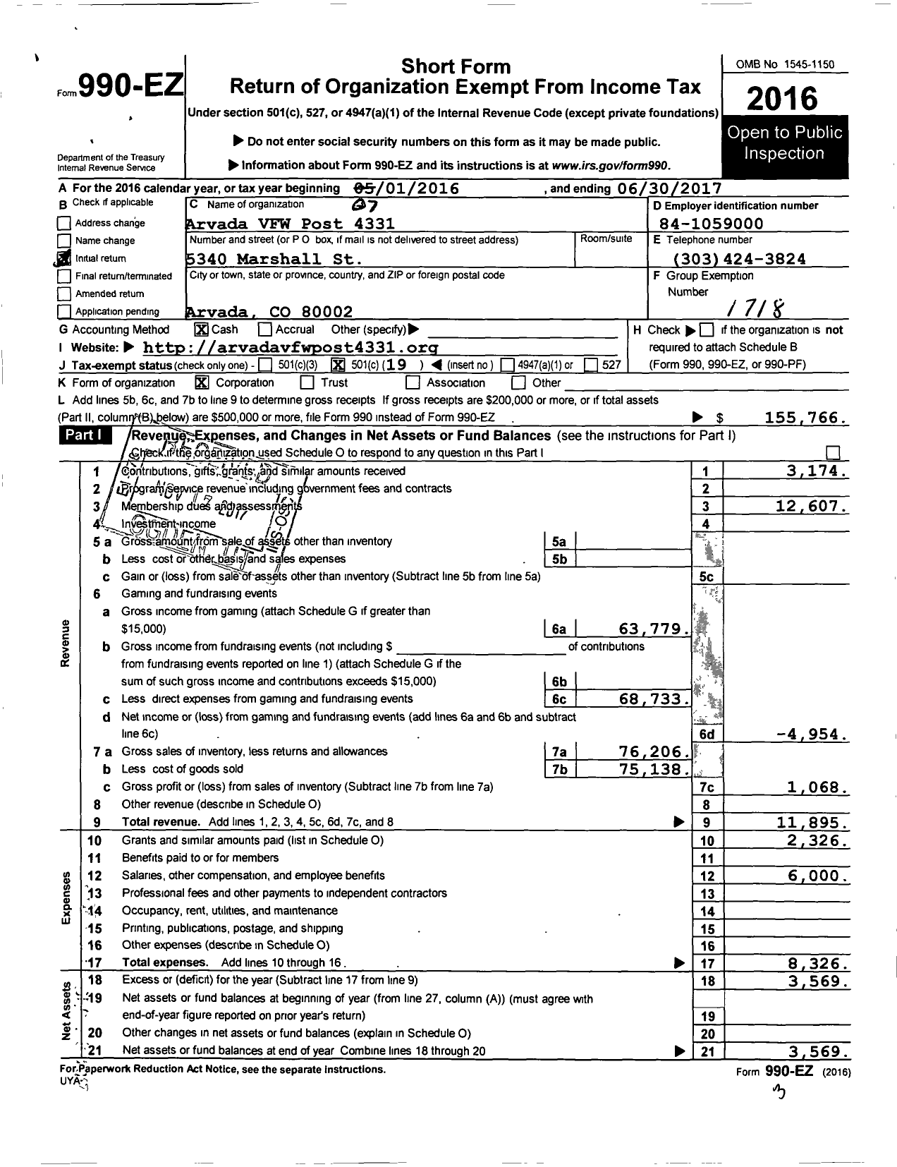 Image of first page of 2016 Form 990EO for Veterans of Foreign Wars of the United States Dept of Colorado - 4331 Arvada Post