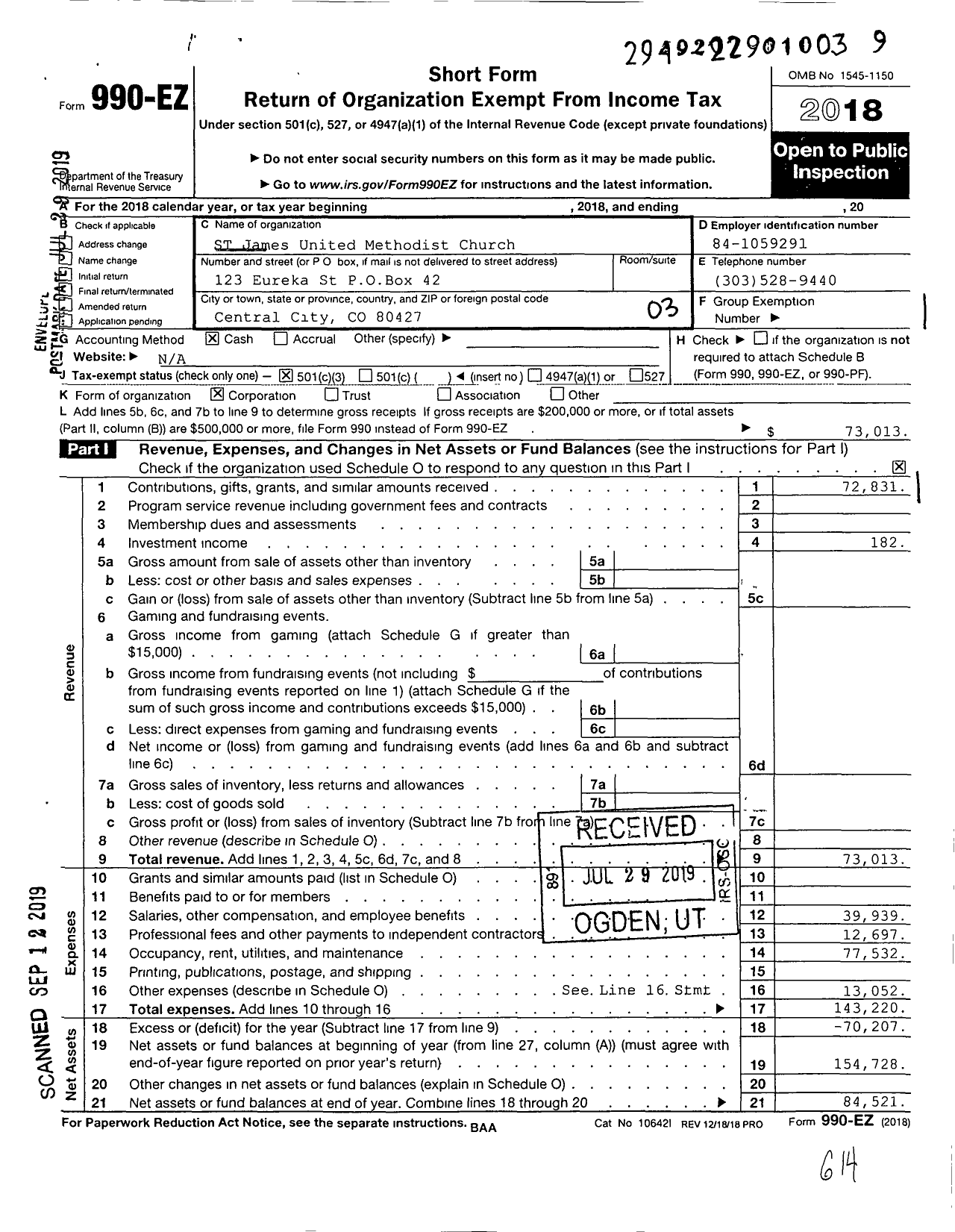 Image of first page of 2018 Form 990EZ for ST James United Methodist Church