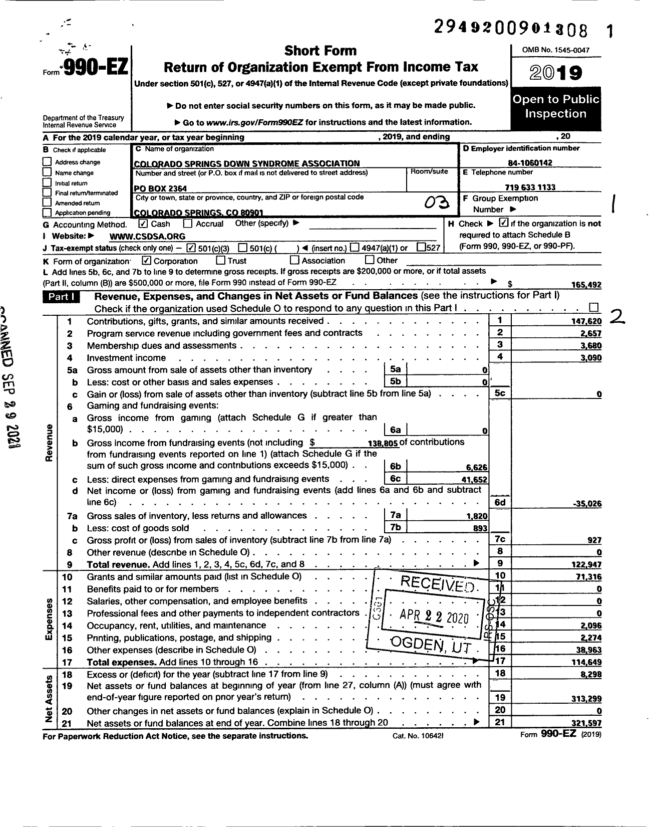 Image of first page of 2019 Form 990EZ for Colorado Springs Down Syndrome Association