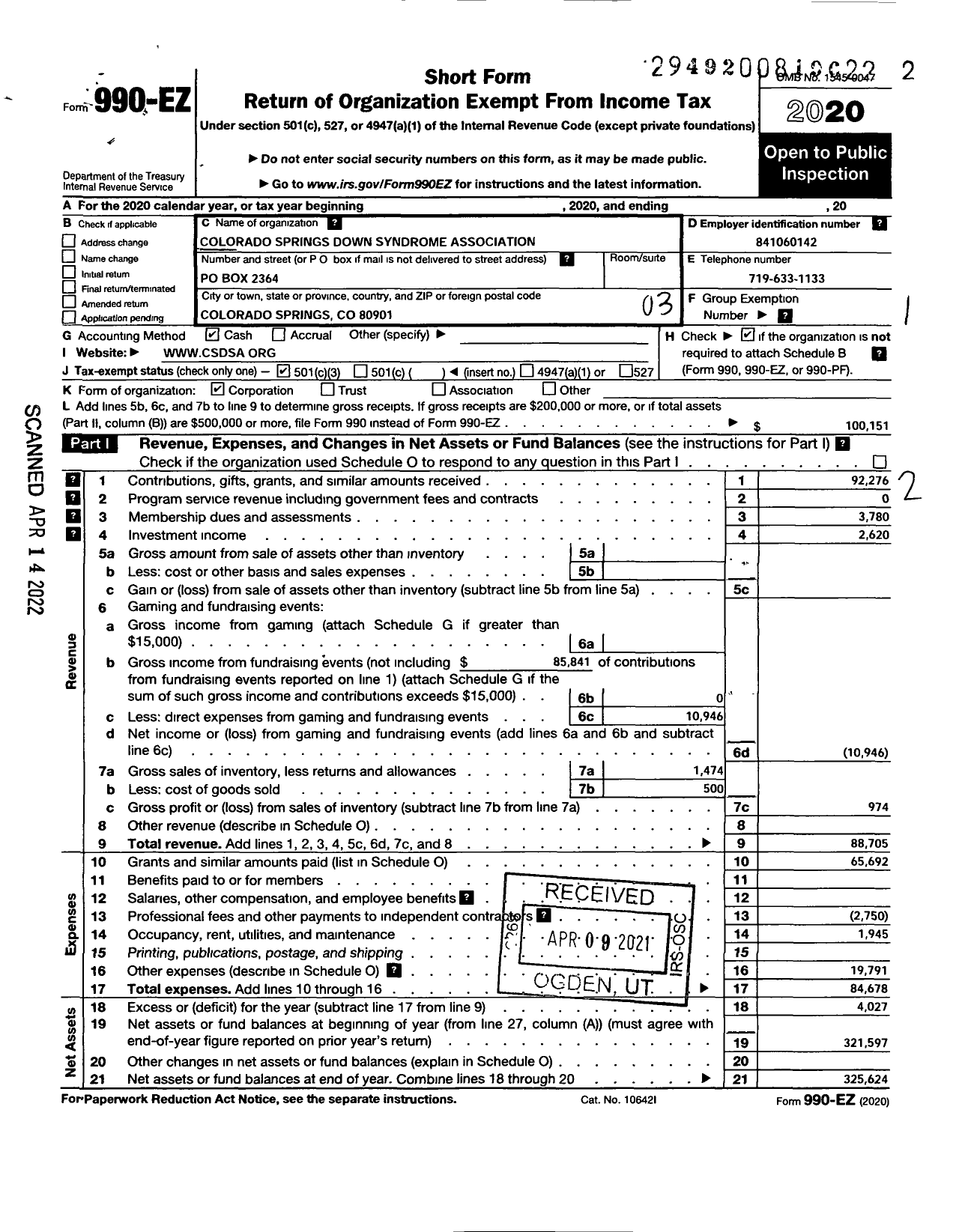 Image of first page of 2020 Form 990EZ for Colorado Springs Down Syndrome Association