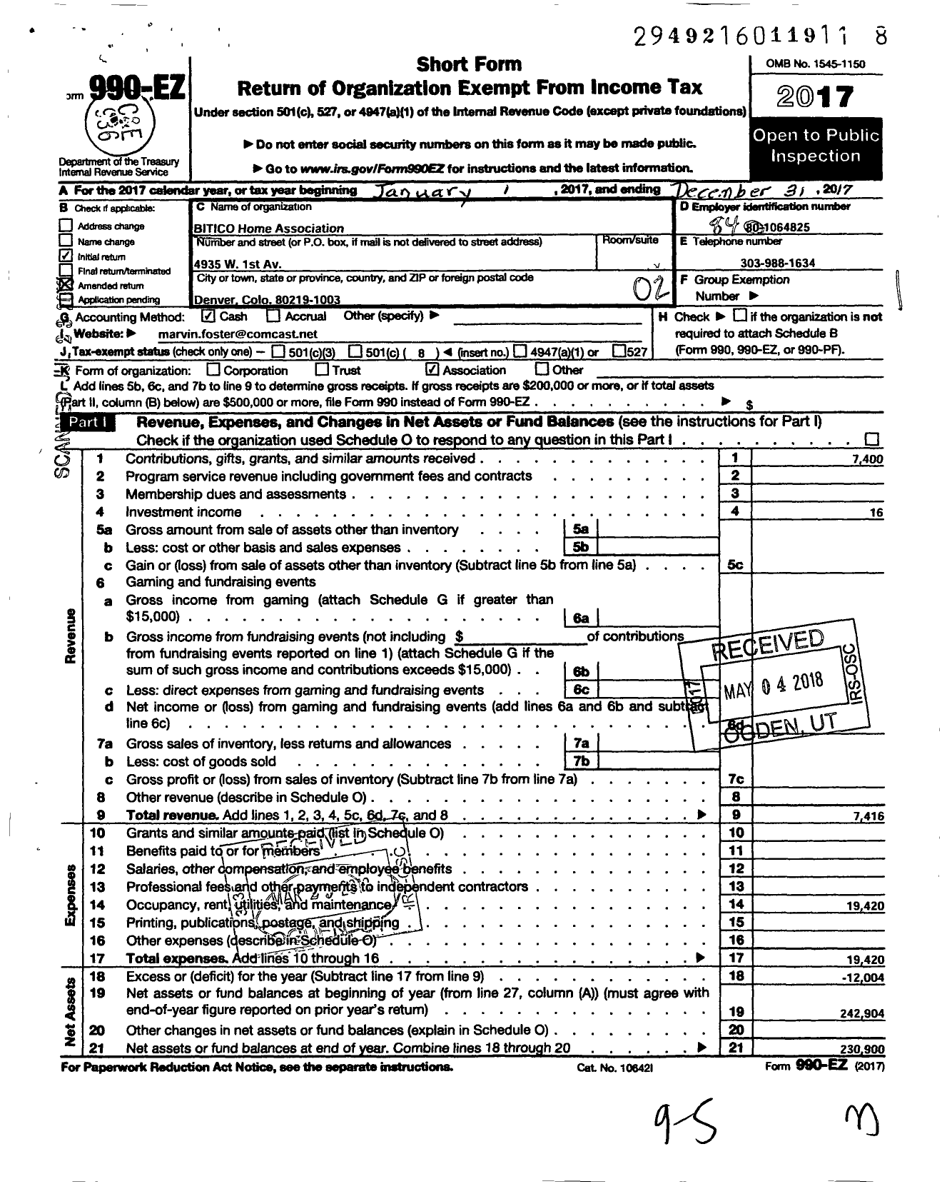 Image of first page of 2017 Form 990EO for Bitico Home Association