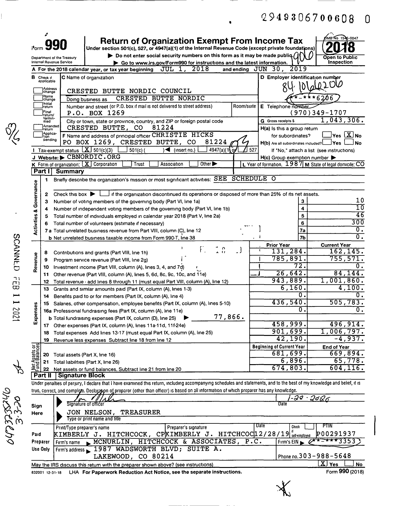 Image of first page of 2018 Form 990 for Crested Butte Nordic