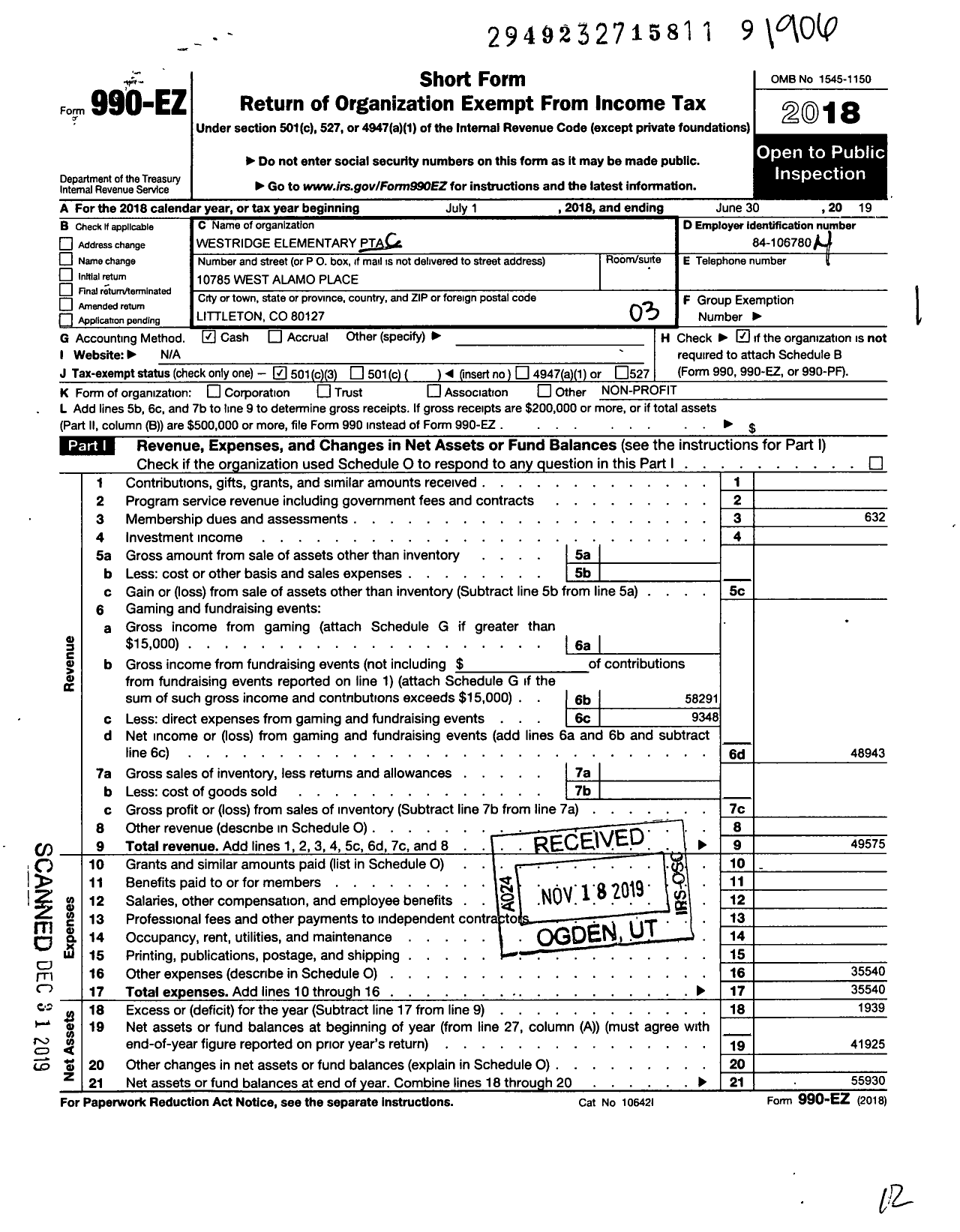 Image of first page of 2018 Form 990EZ for PTA Colorado Congress / Westridge Elem PTA