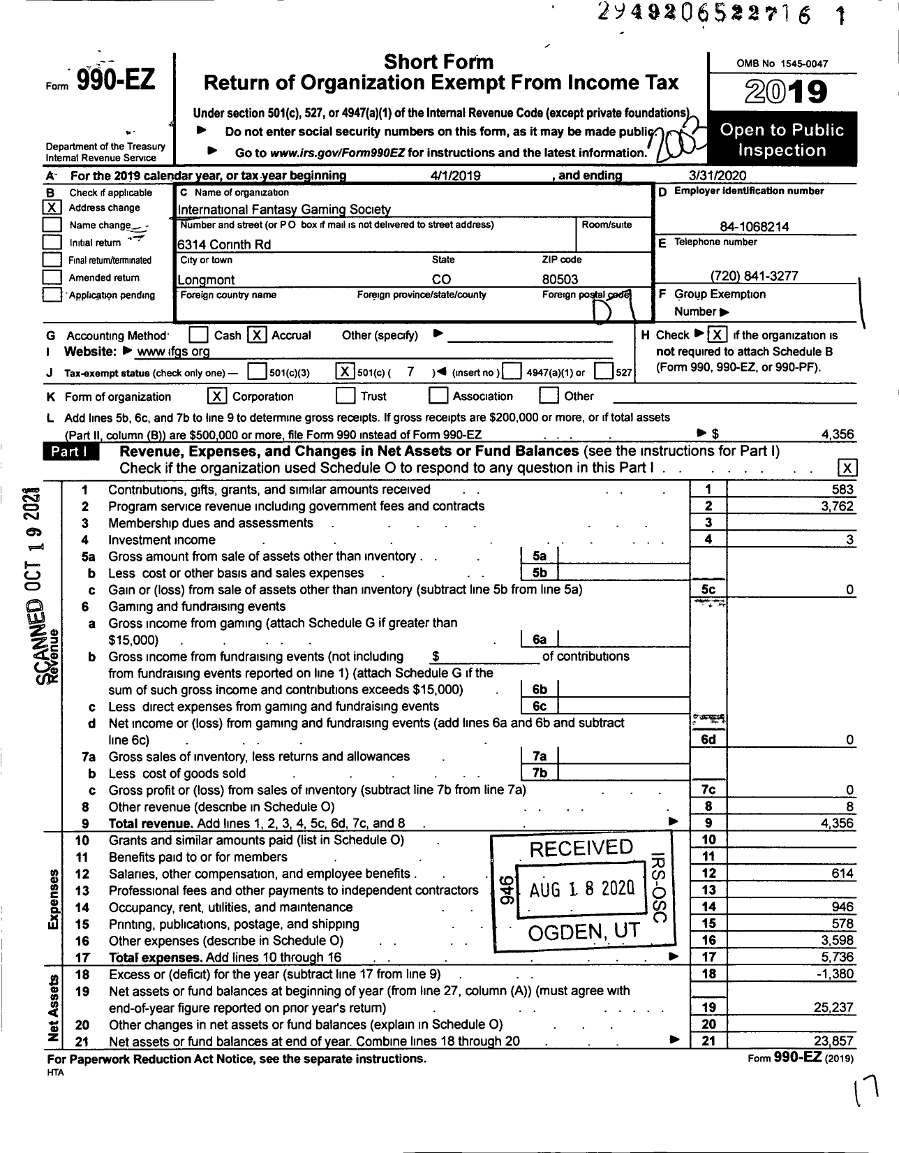 Image of first page of 2019 Form 990EO for International Fantasy Gaming Society