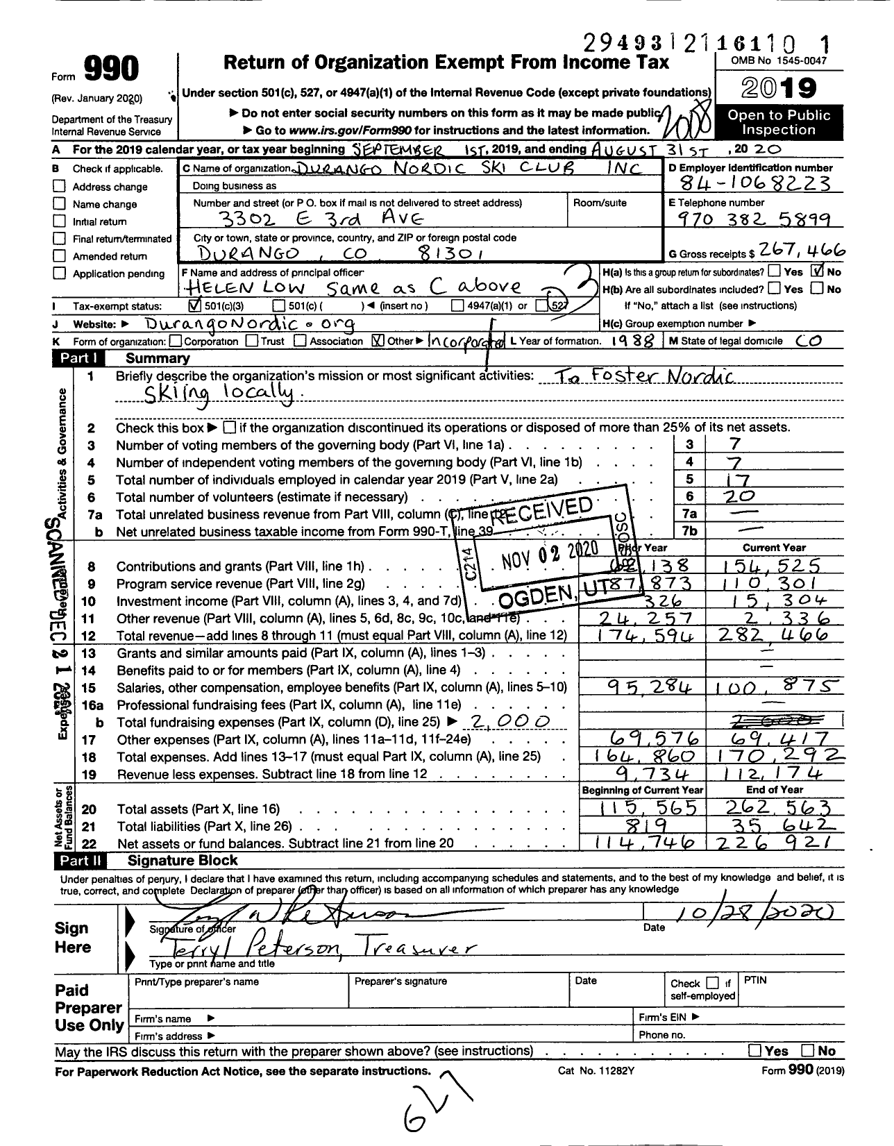 Image of first page of 2019 Form 990 for Durango Nordic Ski Club