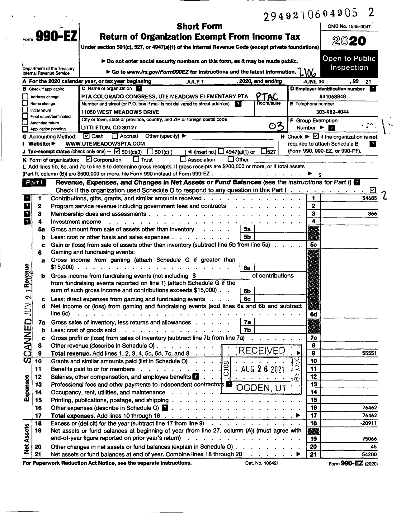 Image of first page of 2020 Form 990EZ for PTA Colorado Congress / Ute Meadows Elem PTA