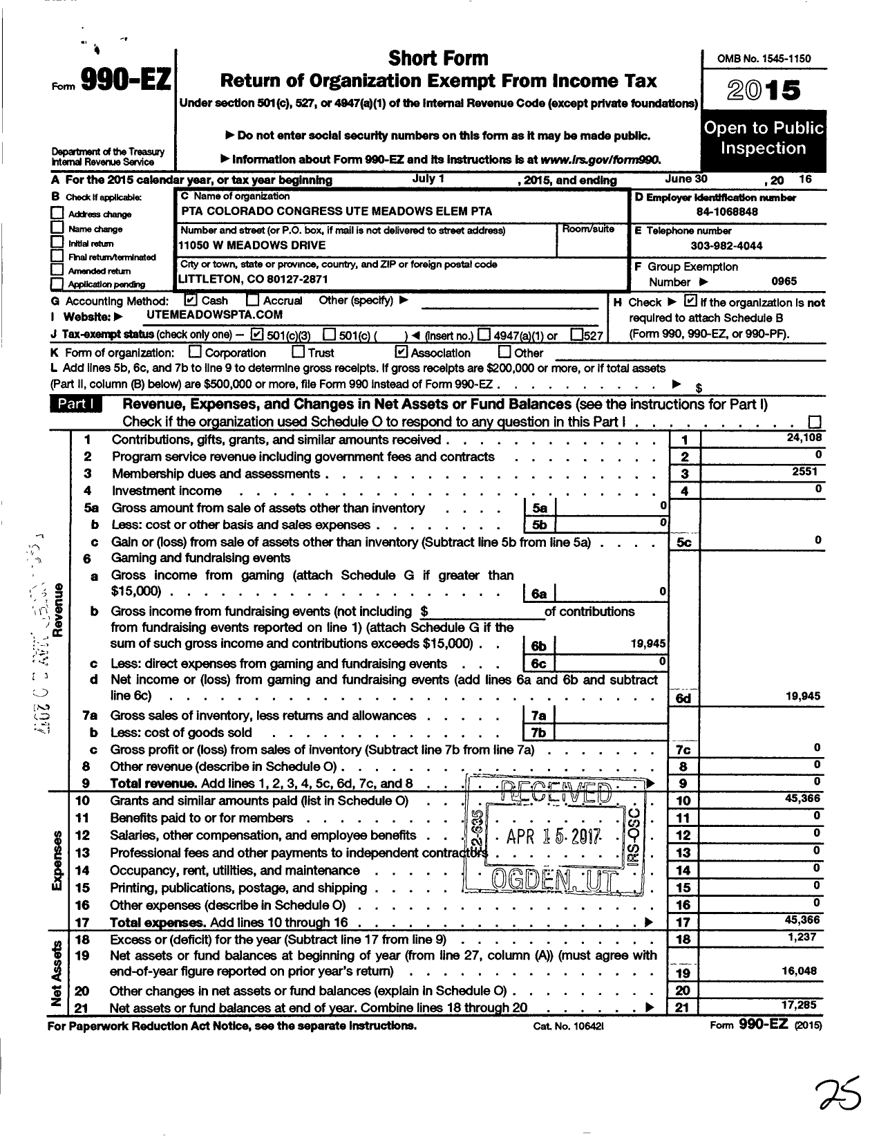 Image of first page of 2015 Form 990EZ for PTA Colorado Congress / Ute Meadows Elem PTA