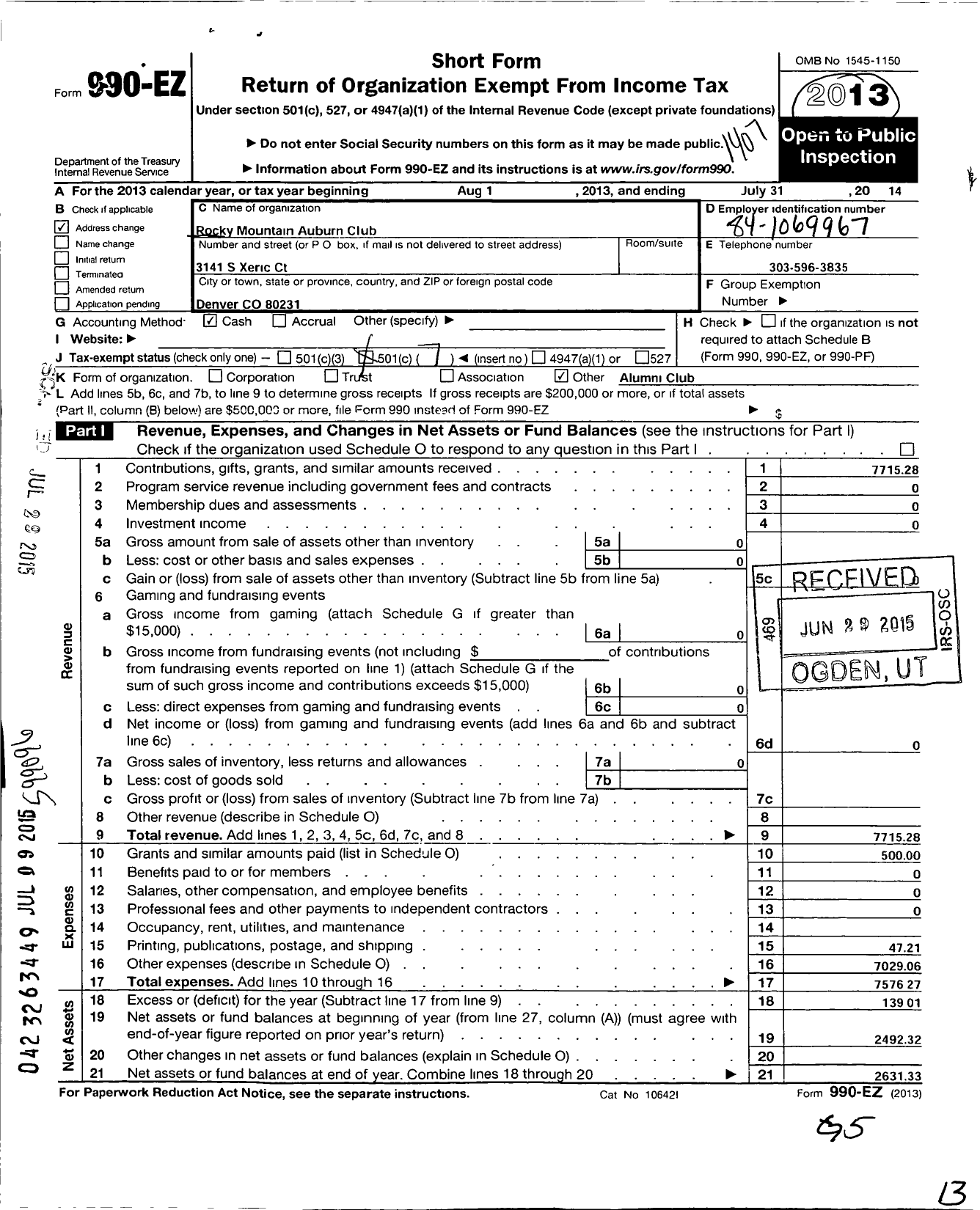 Image of first page of 2013 Form 990EO for Rocky Mountain Auburn Club