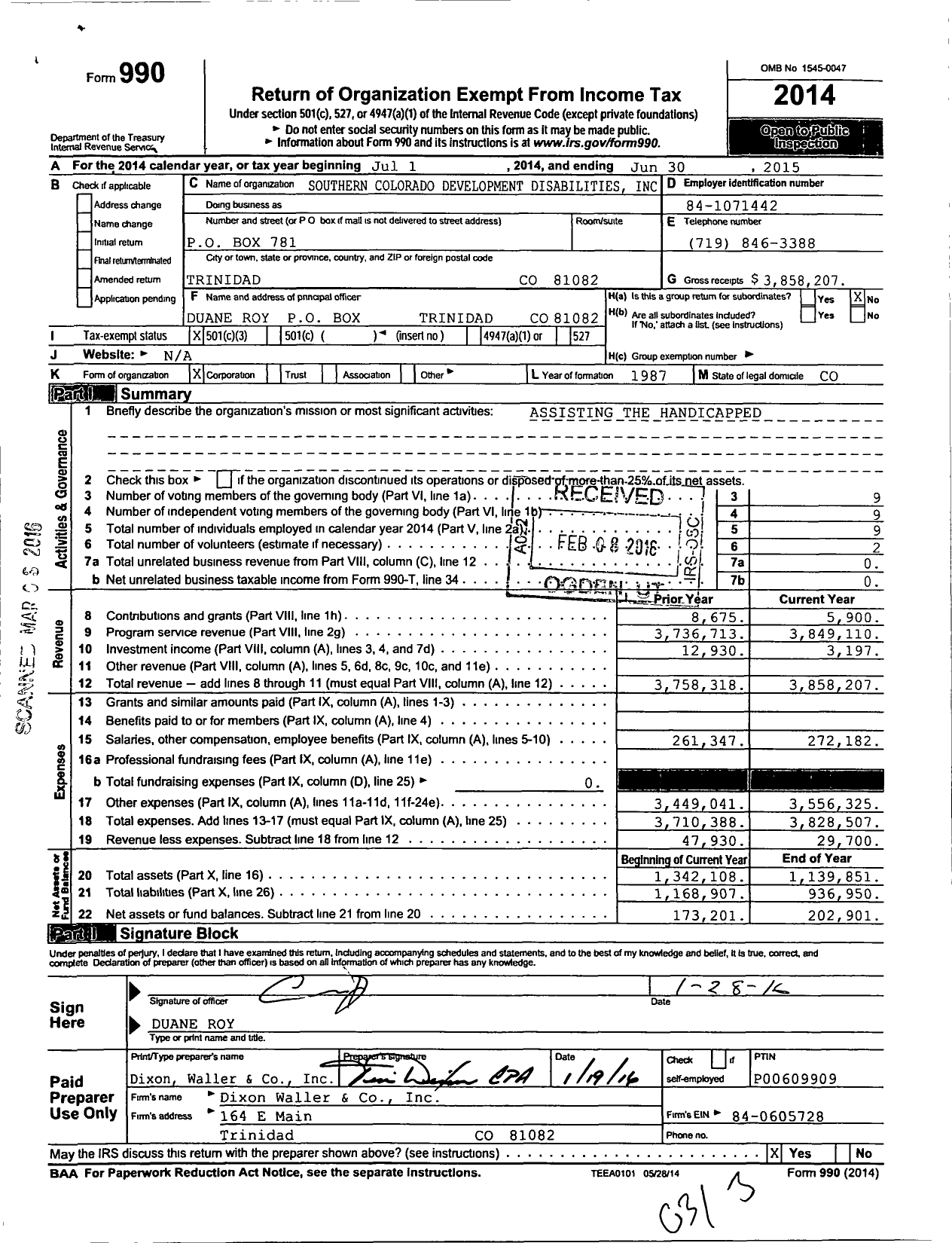 Image of first page of 2014 Form 990 for Southern Colorado Developmental Disabilities (SCDDS)