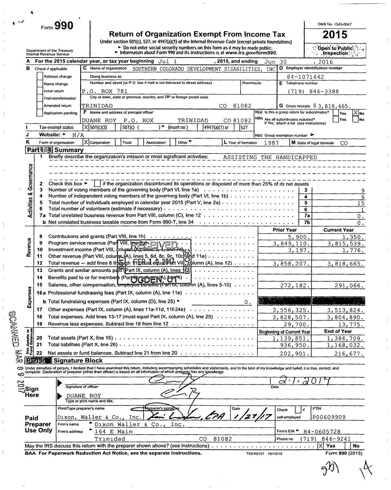 Image of first page of 2015 Form 990 for Southern Colorado Developmental Disabilities (SCDDS)