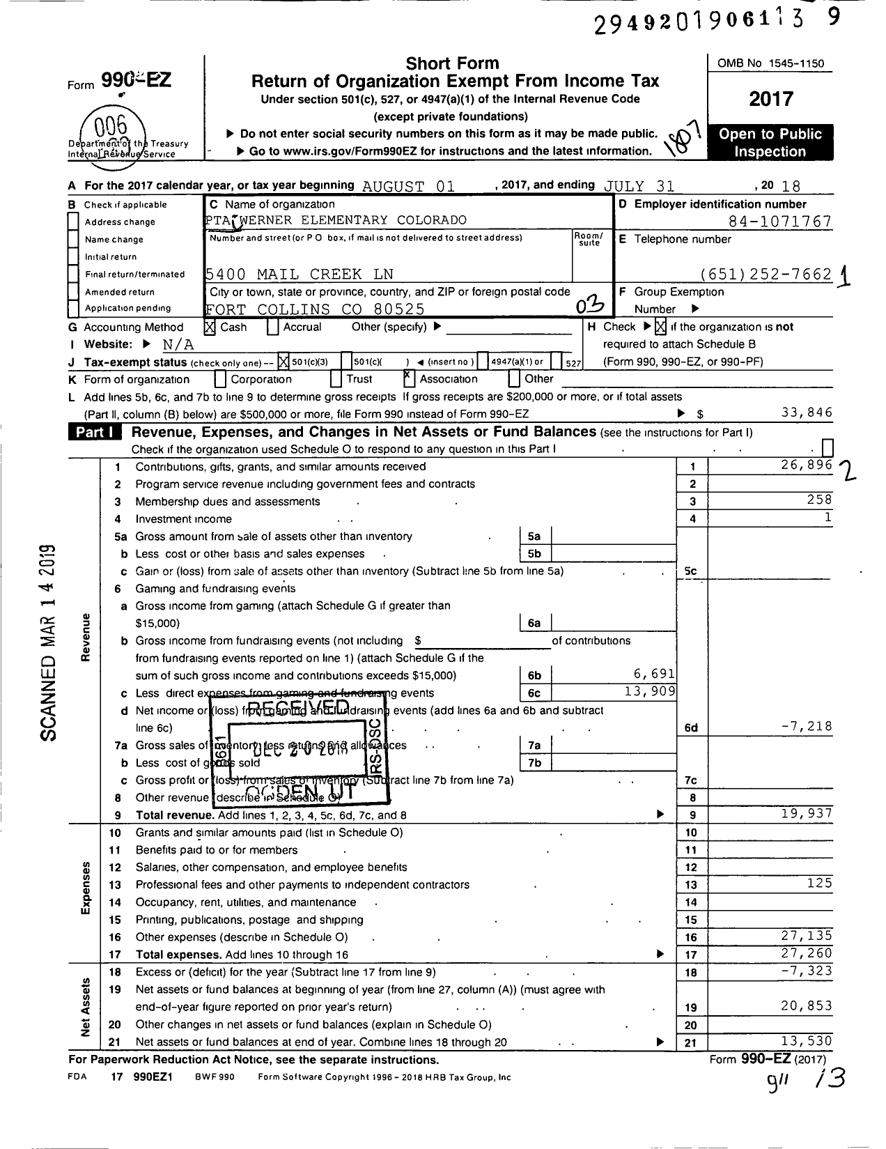 Image of first page of 2017 Form 990EZ for PTA Werner Elementary Colorado