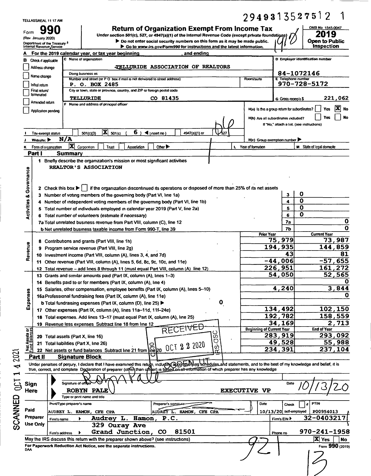 Image of first page of 2019 Form 990O for Telluride Association of Realtors