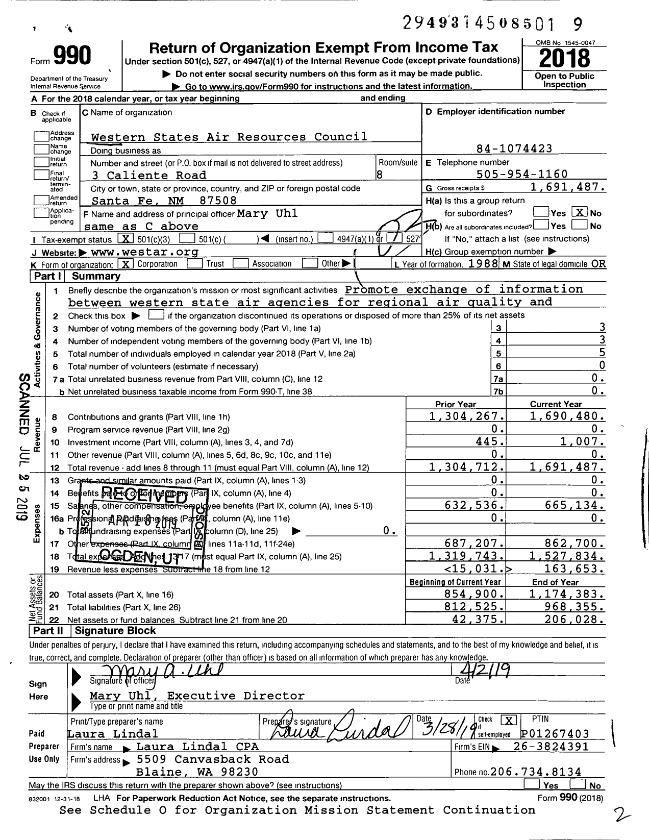 Image of first page of 2018 Form 990 for Western States Air Resources Council