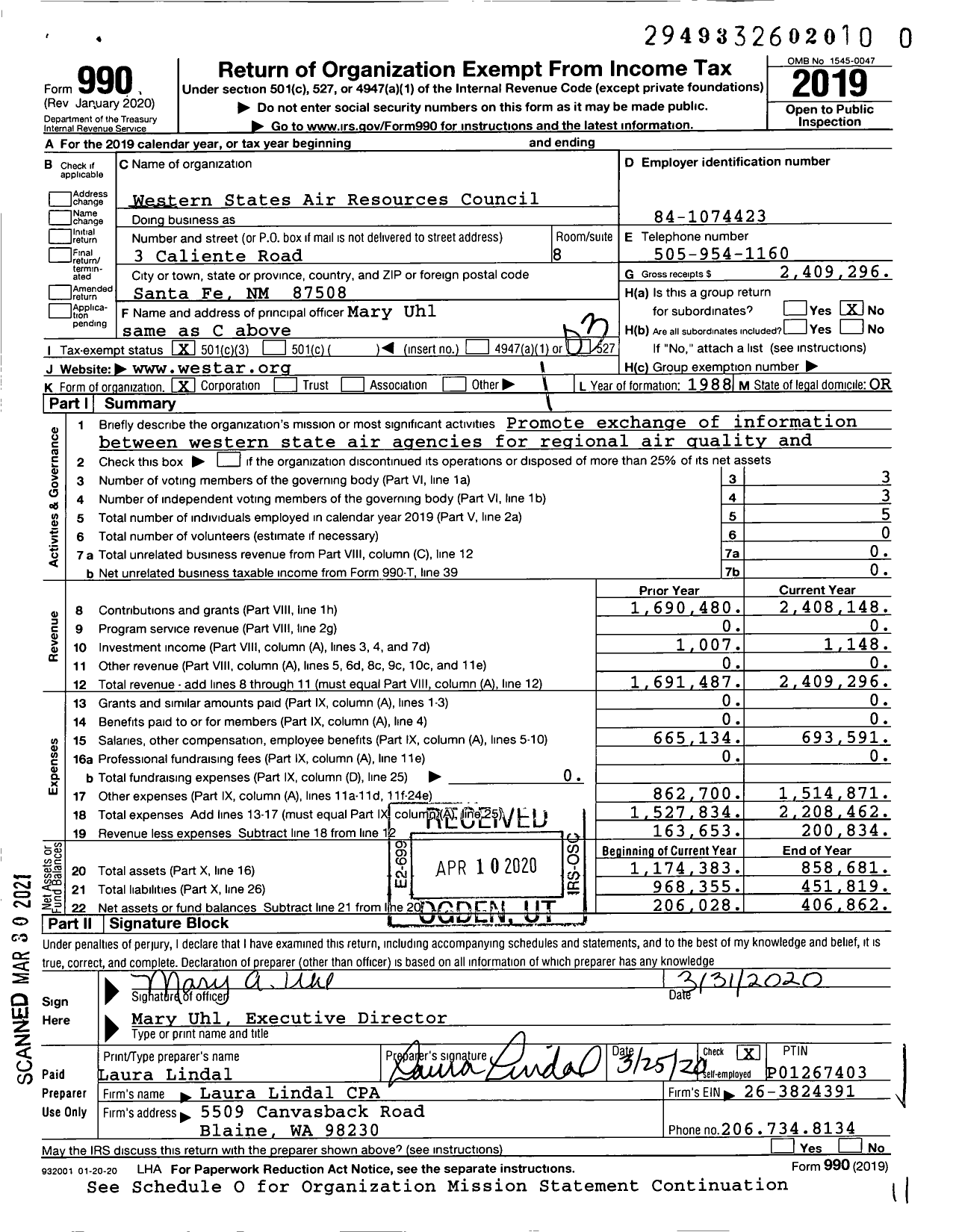 Image of first page of 2019 Form 990 for Western States Air Resources Council