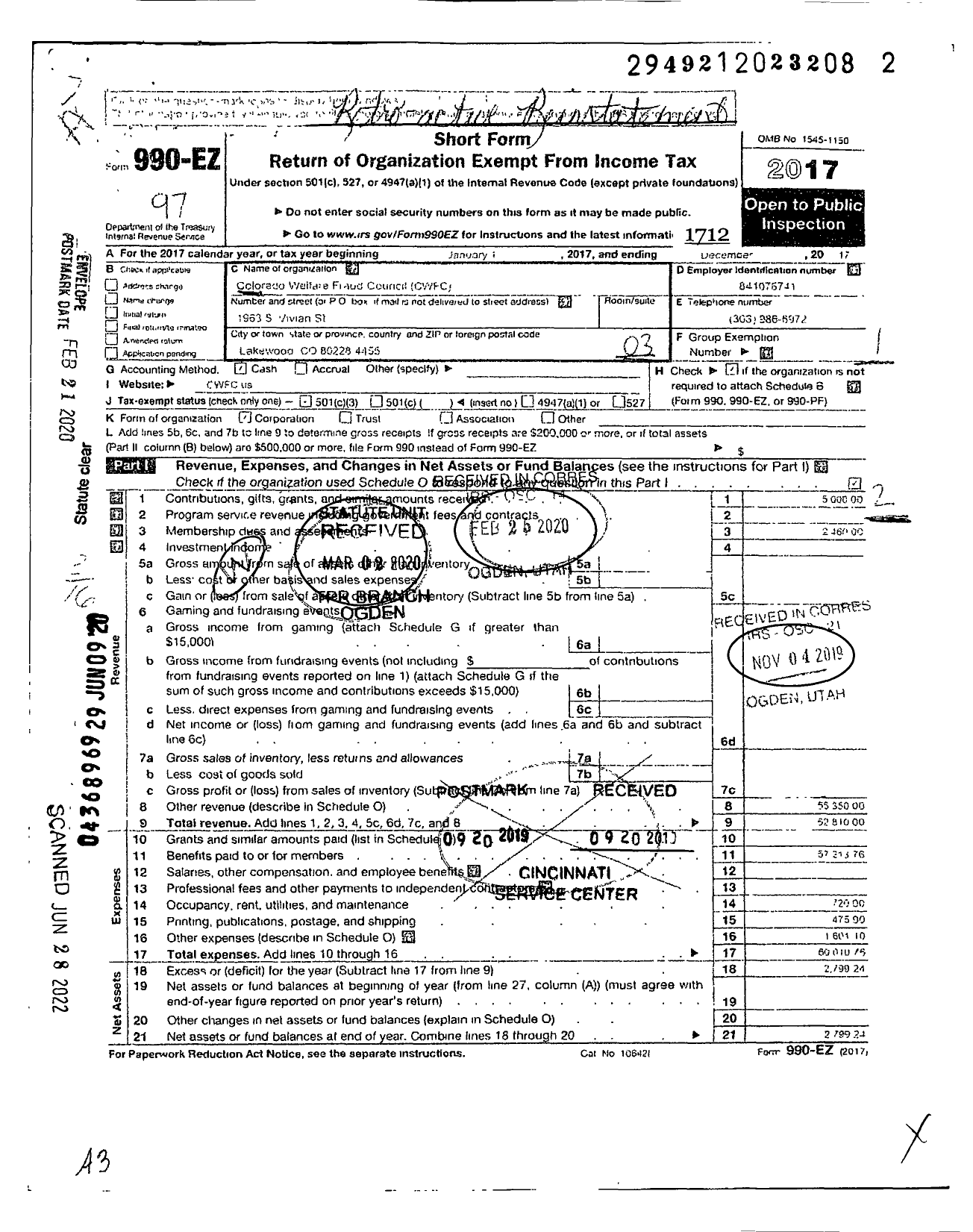 Image of first page of 2017 Form 990EZ for The Coloroado Welfare Fraud Council