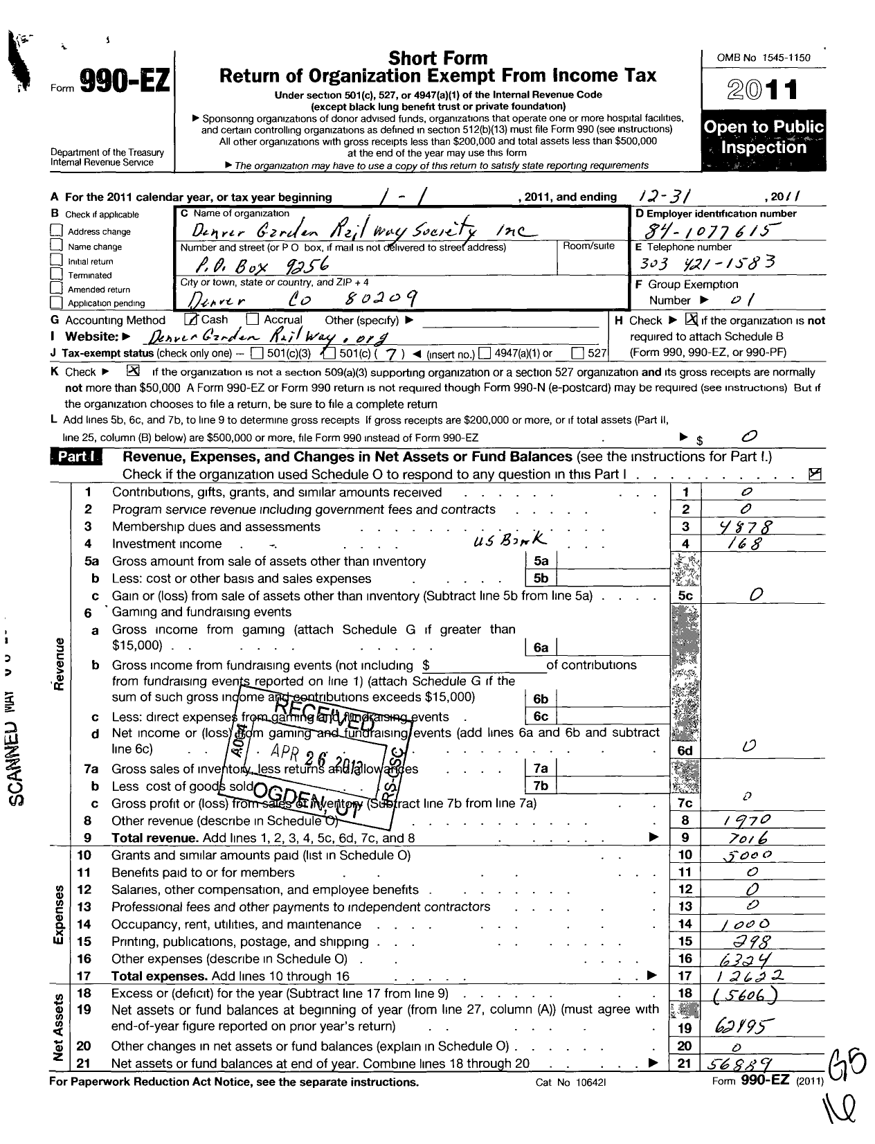 Image of first page of 2011 Form 990EO for Denver Garden Railway Society