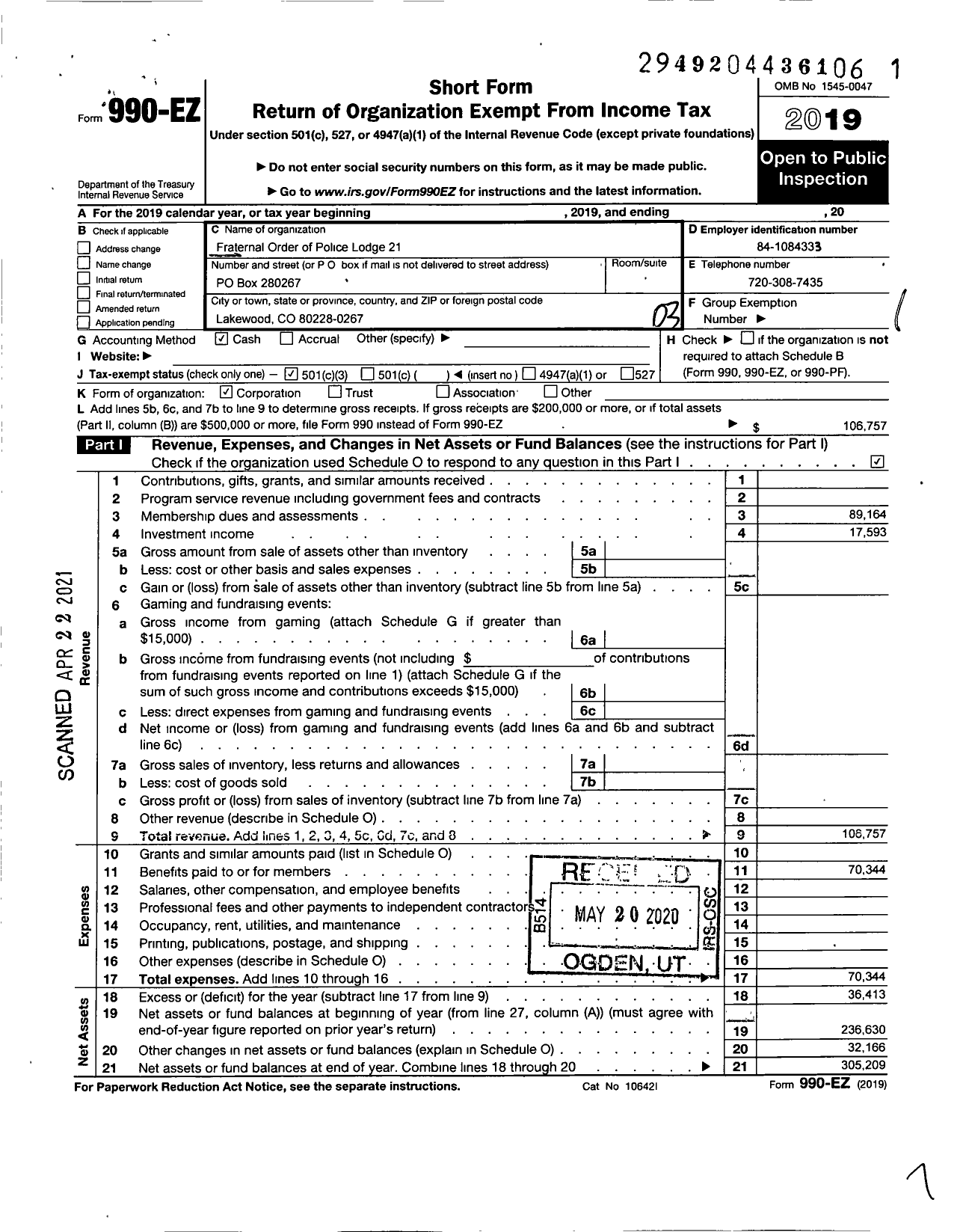 Image of first page of 2019 Form 990EZ for Fraternal Order of Police - 21 Lakewood Police Lodge