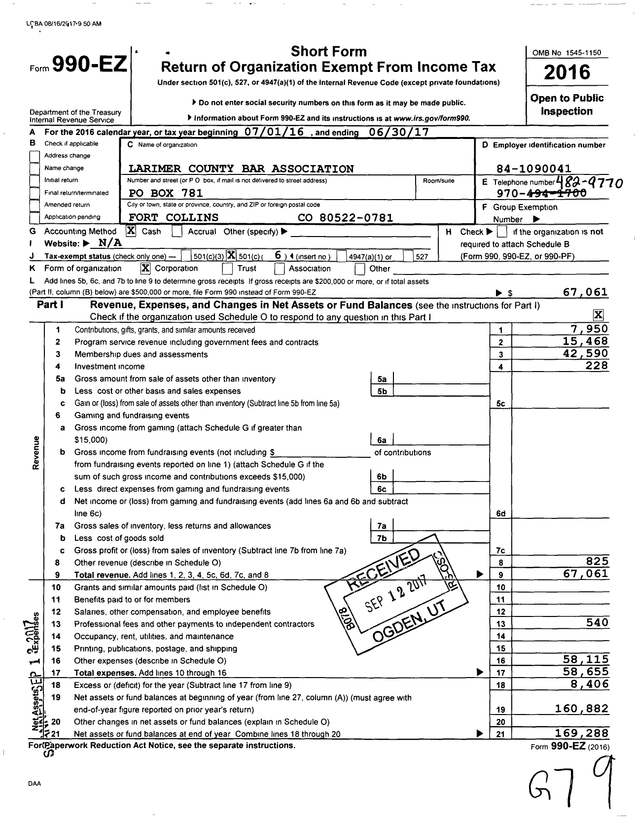 Image of first page of 2016 Form 990EO for Larimer County Bar Association