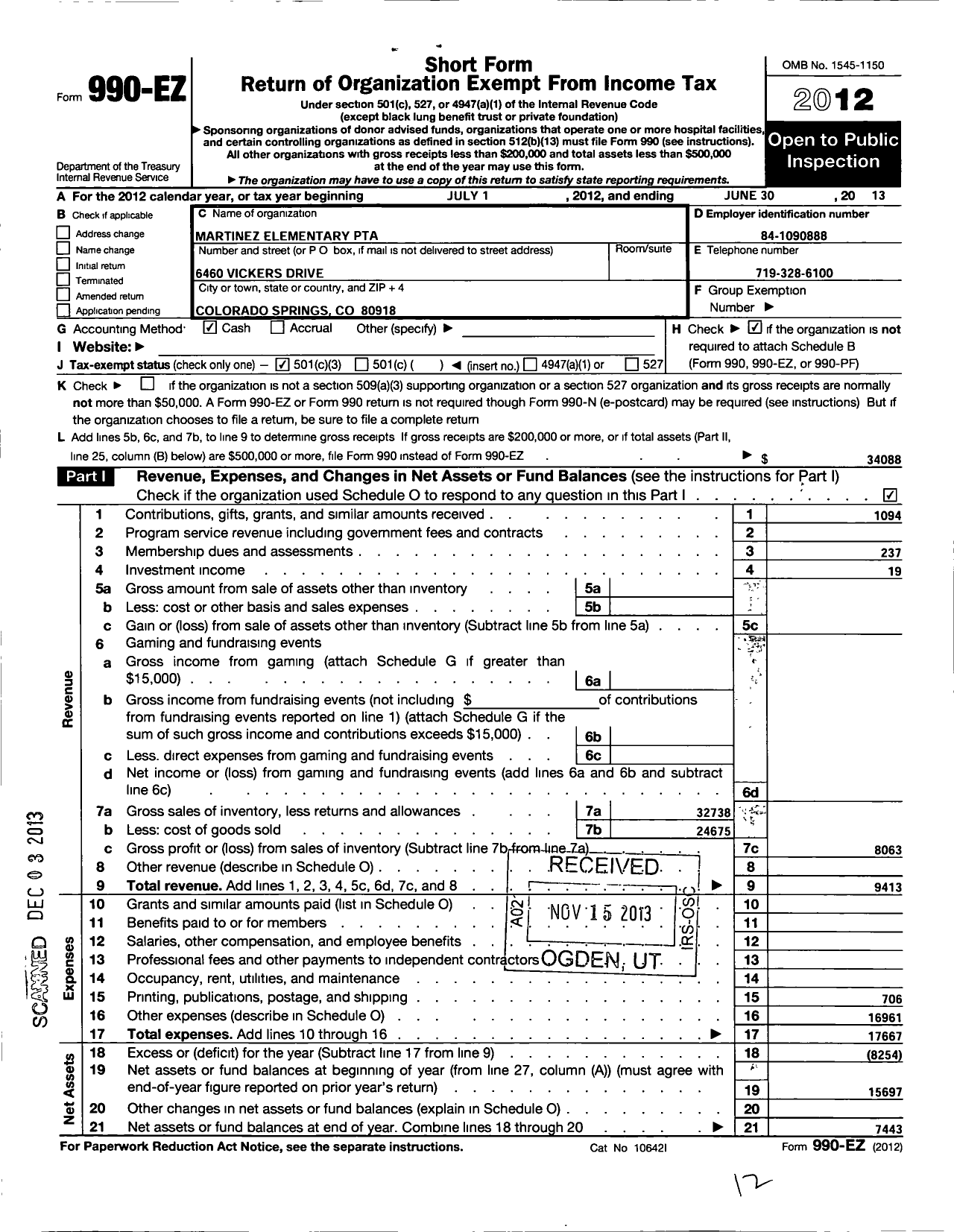 Image of first page of 2012 Form 990EZ for Martinez Elementary PTA