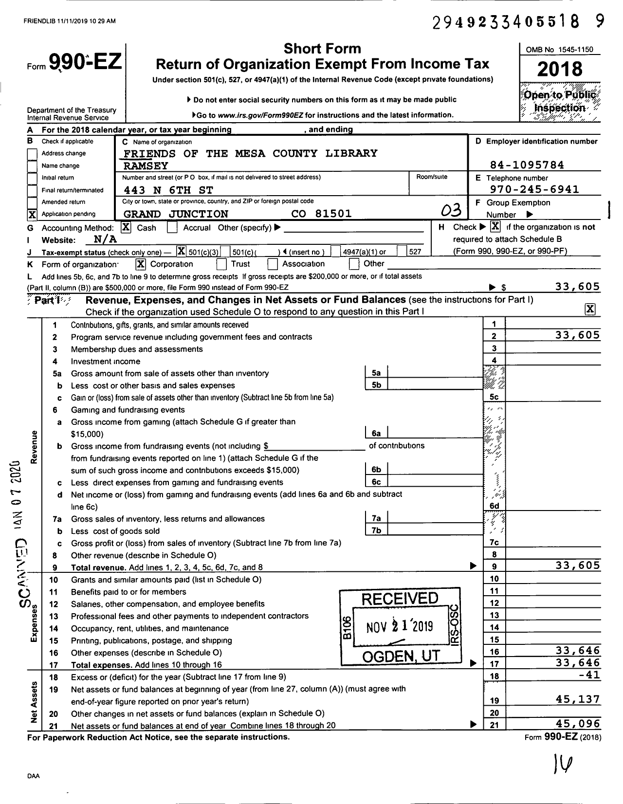 Image of first page of 2018 Form 990EZ for Friends of the Mesa County Library Ramsey