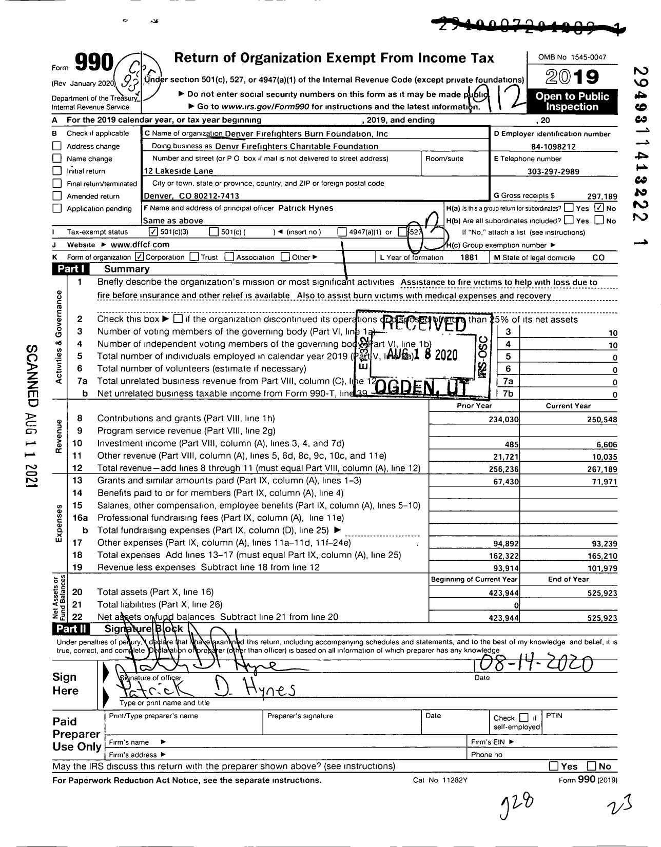 Image of first page of 2019 Form 990 for Denver Firefighters Charitable Foundation