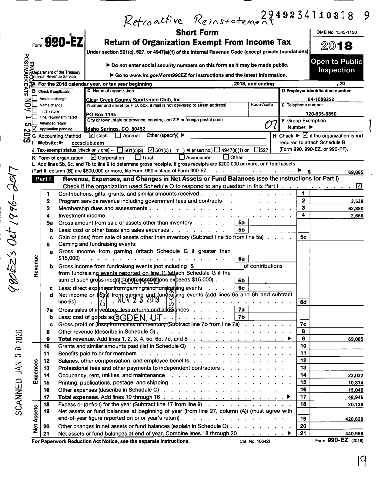 Image of first page of 2018 Form 990EO for Clear Creek County Sportsmen Club