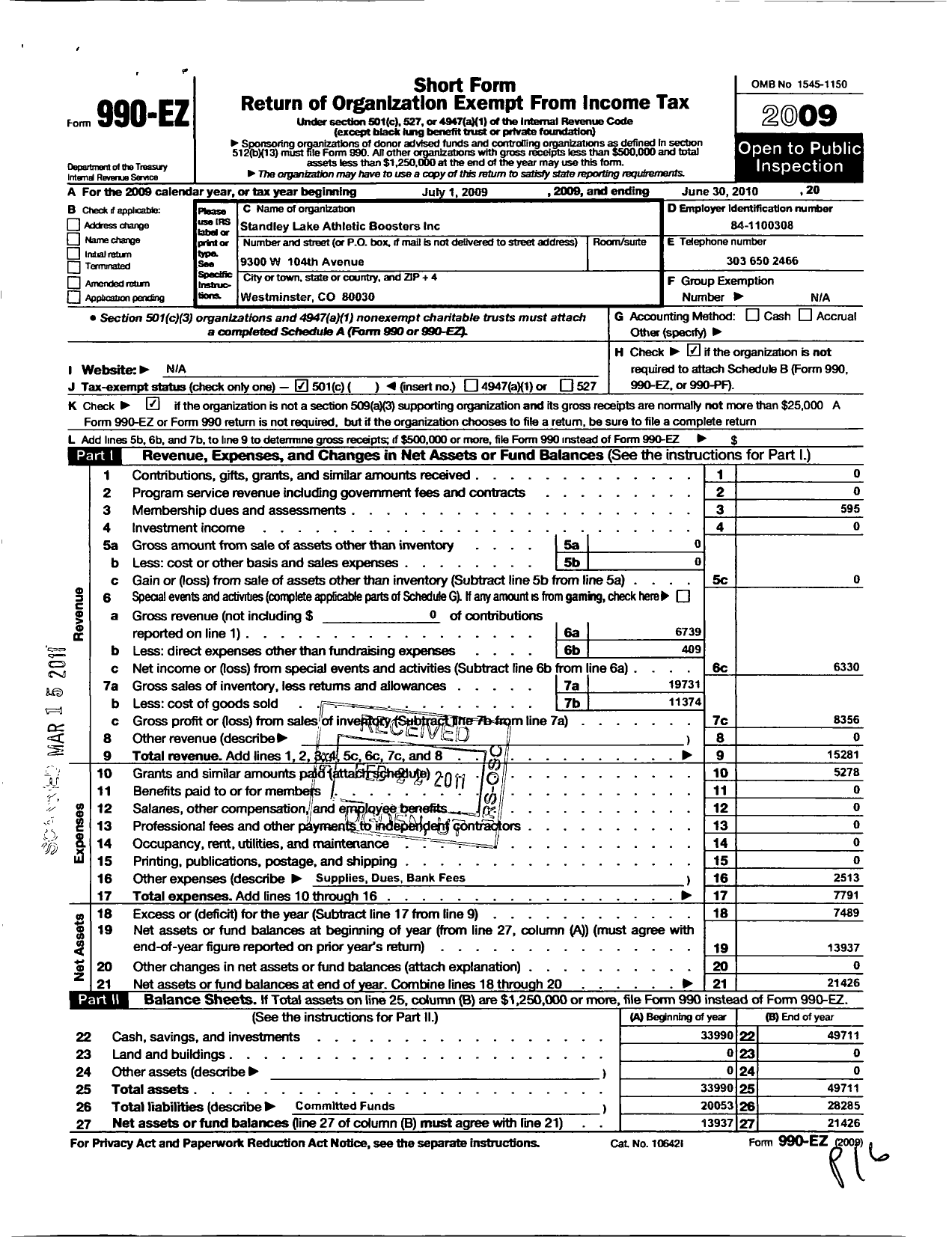 Image of first page of 2009 Form 990EO for Standley Lake Athletic Boosters